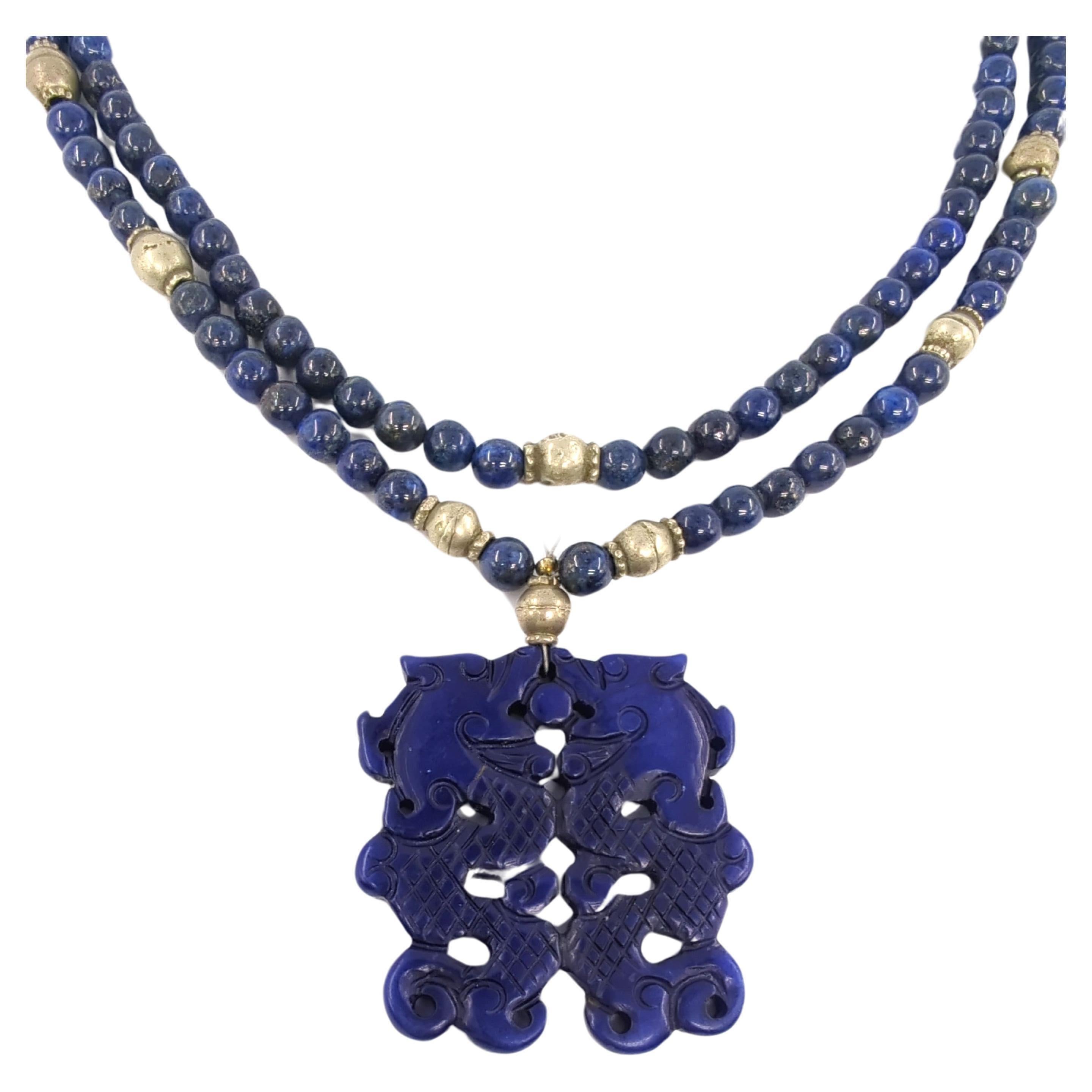 Artisan Vintage Chinese Silver Lapis Lazuli Necklace Double Dragon Pendant Multi-wear  For Sale