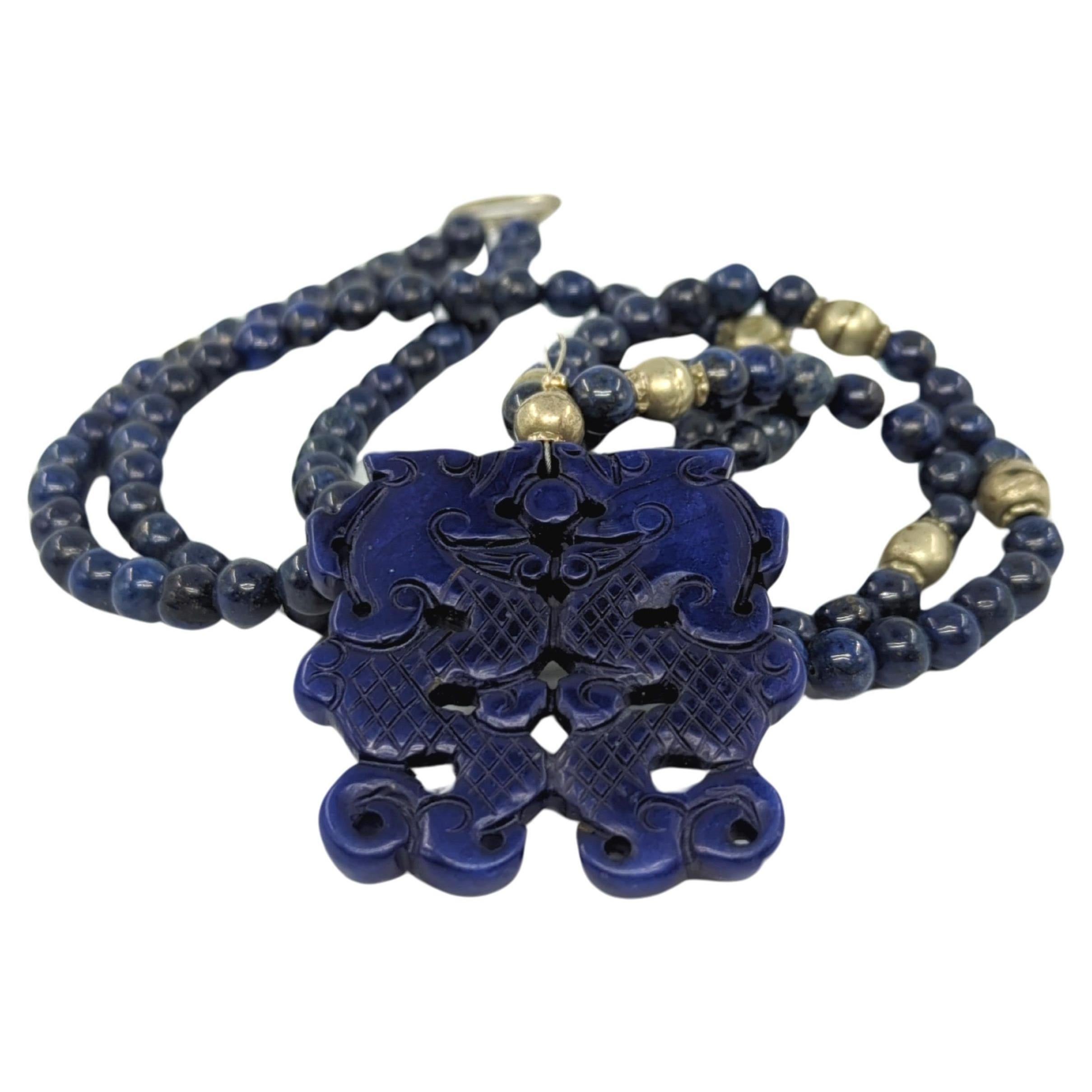 Women's Vintage Chinese Silver Lapis Lazuli Necklace Double Dragon Pendant Multi-wear For Sale