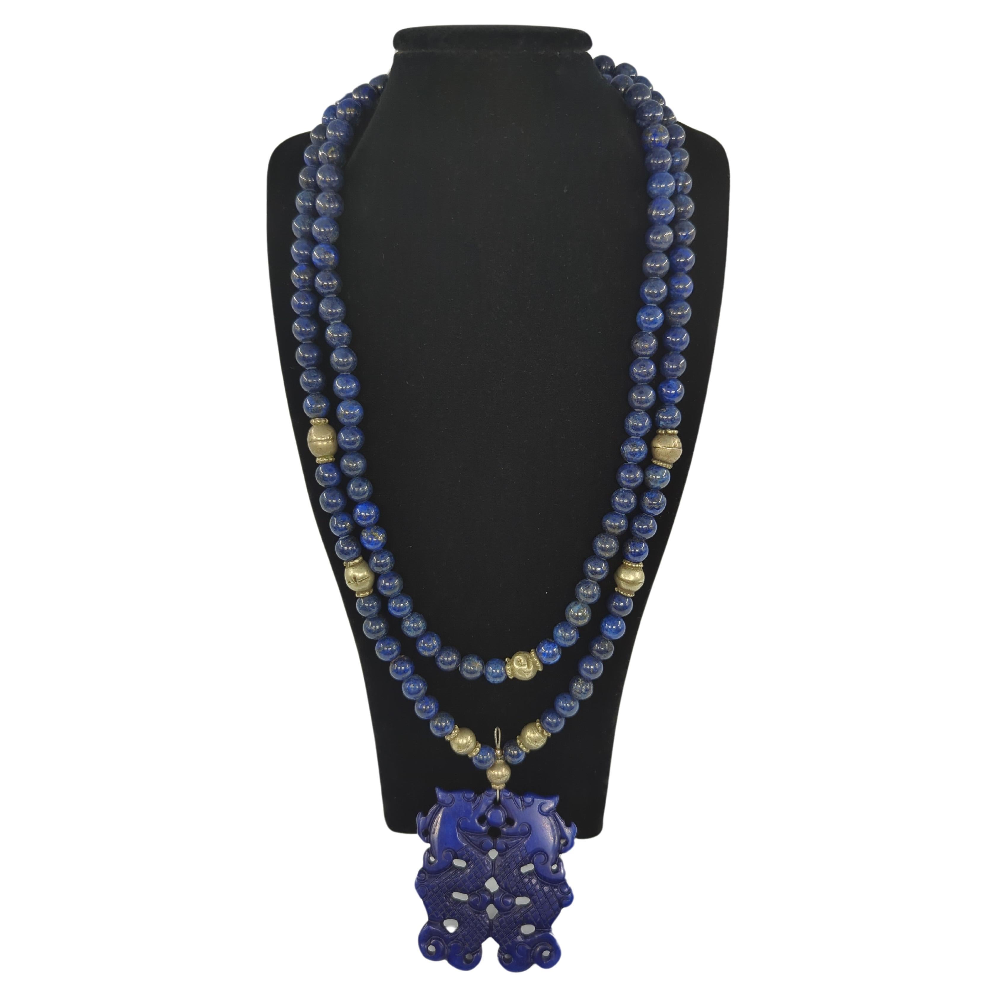 Vintage Chinese Silver Lapis Lazuli Necklace Double Dragon Pendant Multi-wear  For Sale