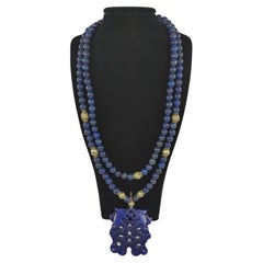 Collier chinois vintage à pendentif double dragon en argent et lapis-lazuli 