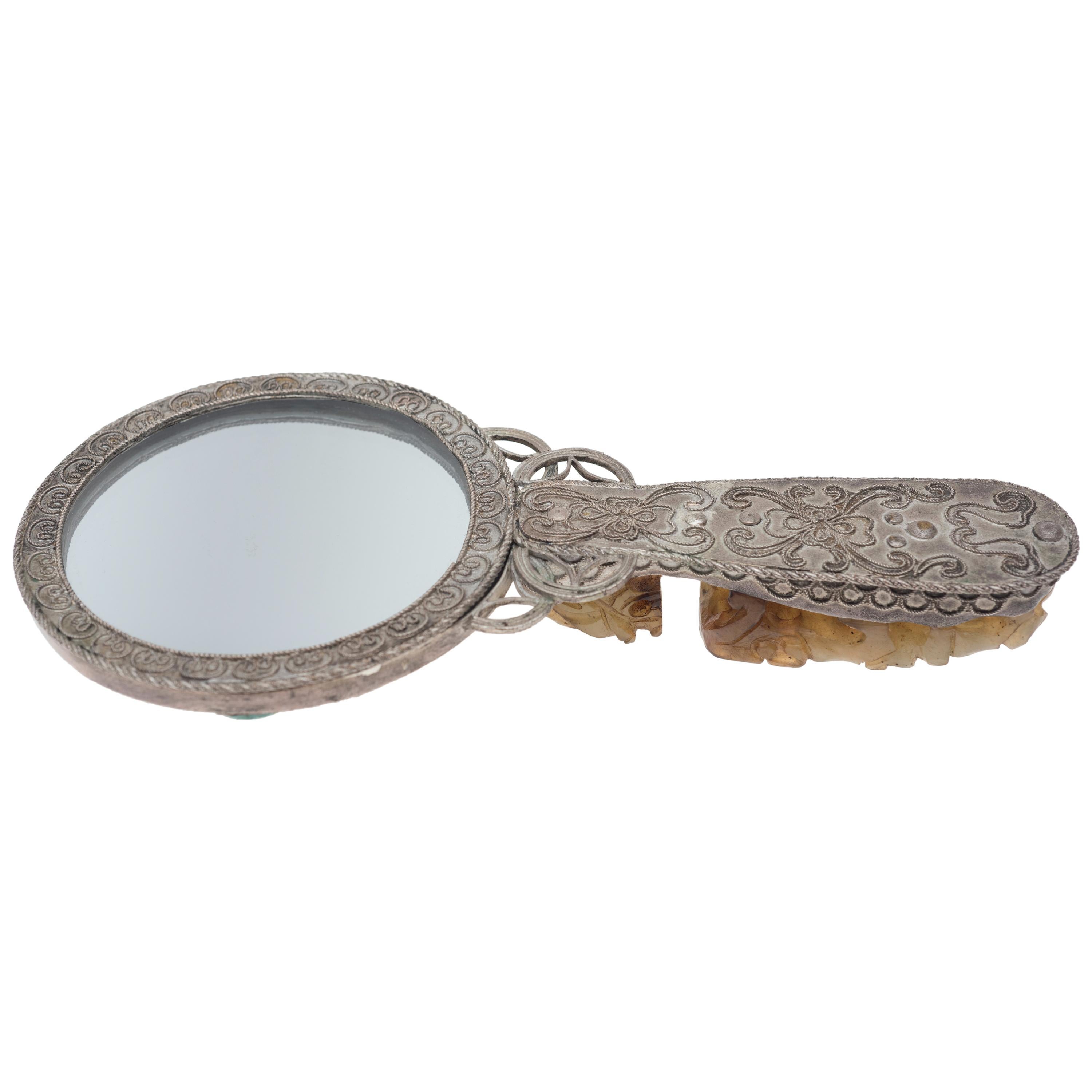 Espejo chino vintage de plata, principios del siglo XX en venta