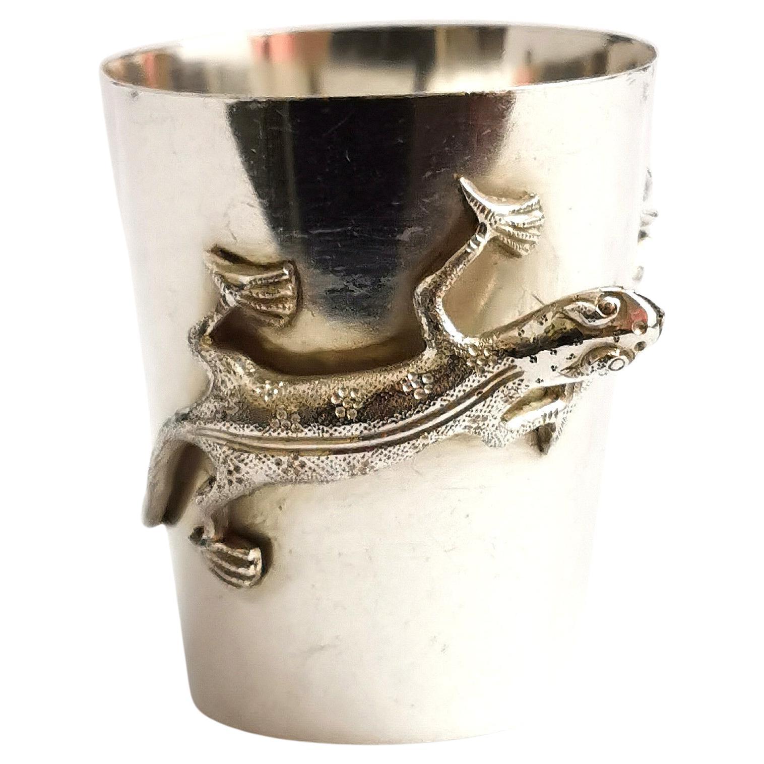 Vintage Chinese Silver Shot Glass, Lizard and Spider For Sale