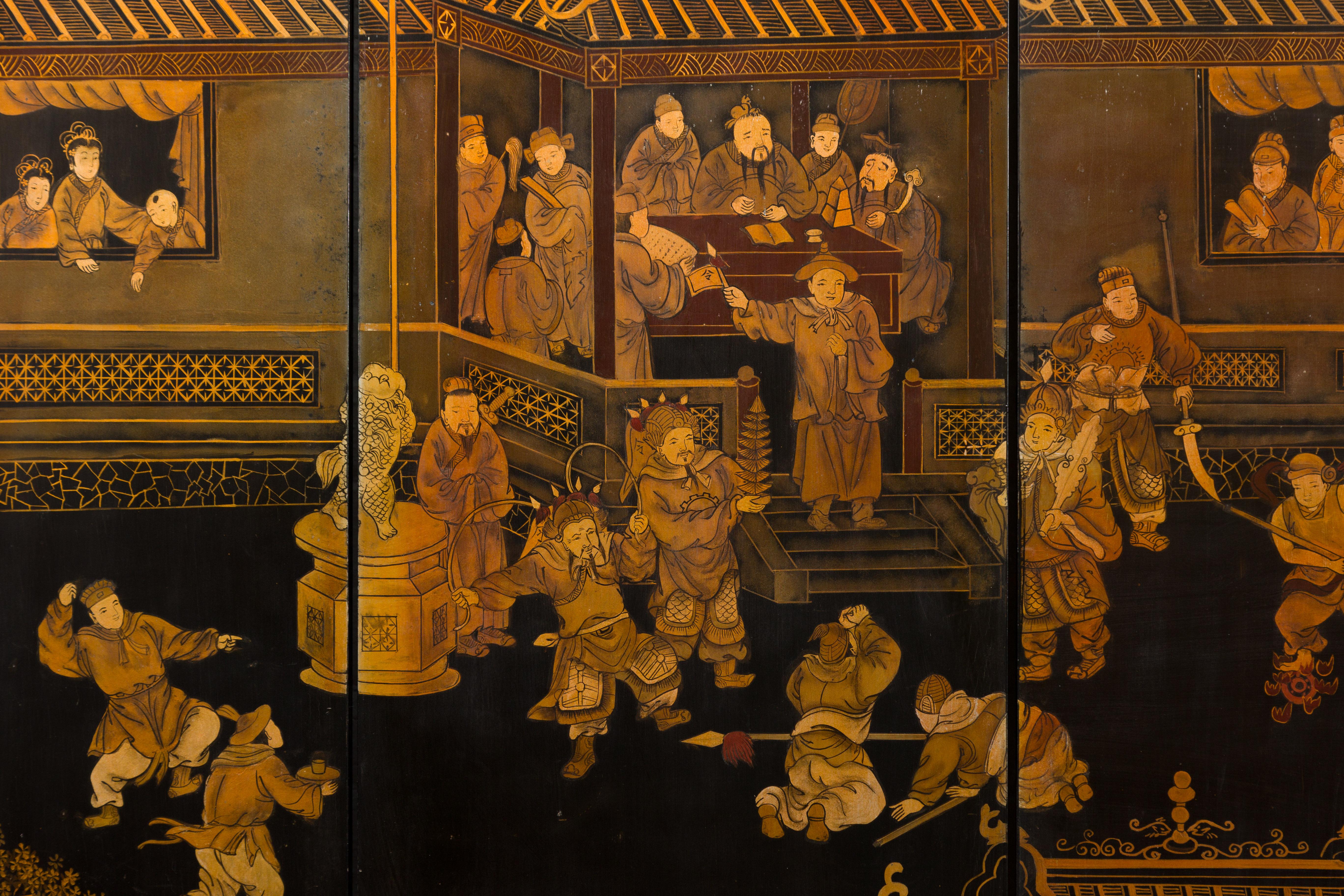 Vintage Chinese Six-Panel Gold and Black Screen with Hand-Painted Scenes For Sale 4