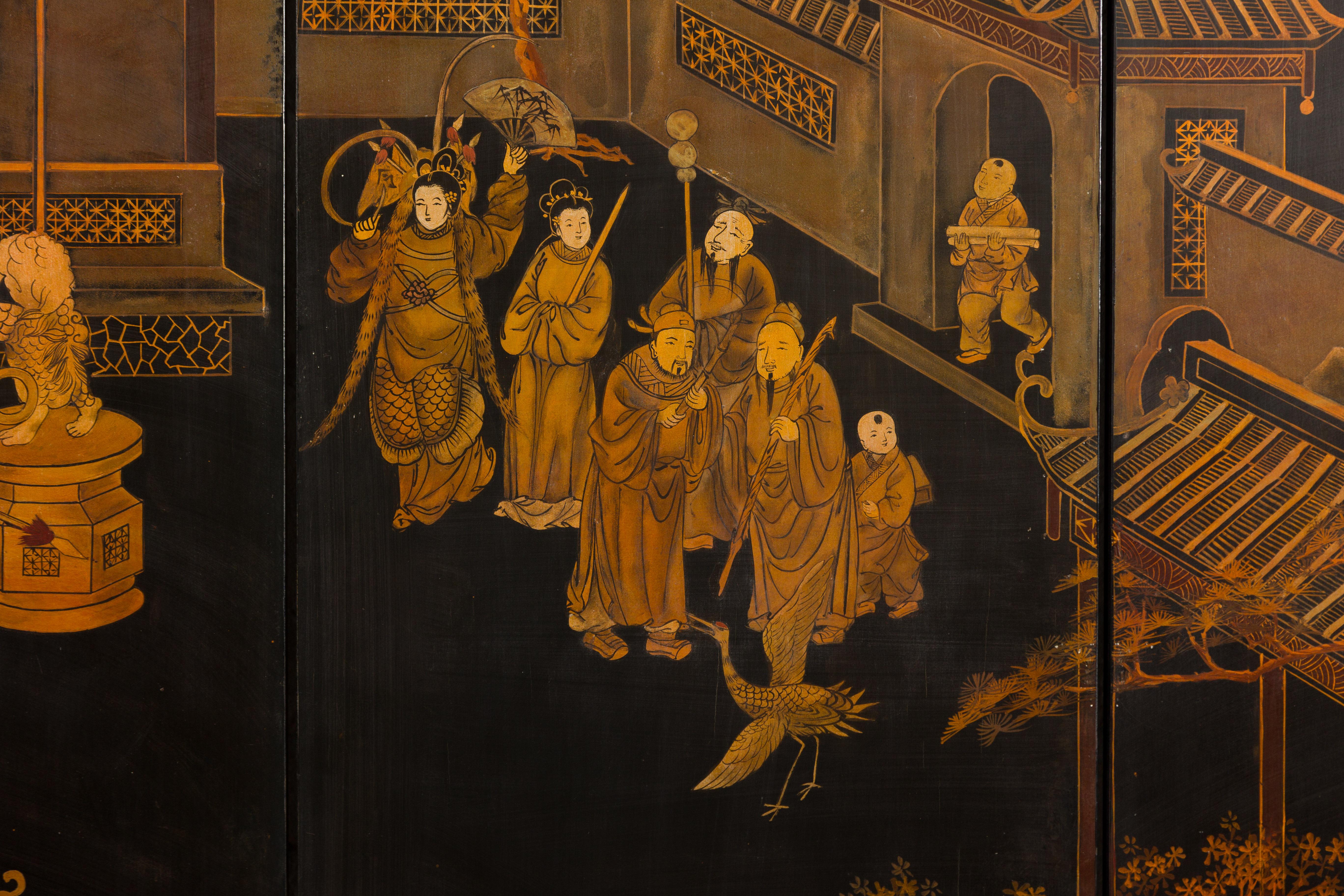 Vintage Chinese Six-Panel Gold and Black Screen with Hand-Painted Scenes For Sale 6