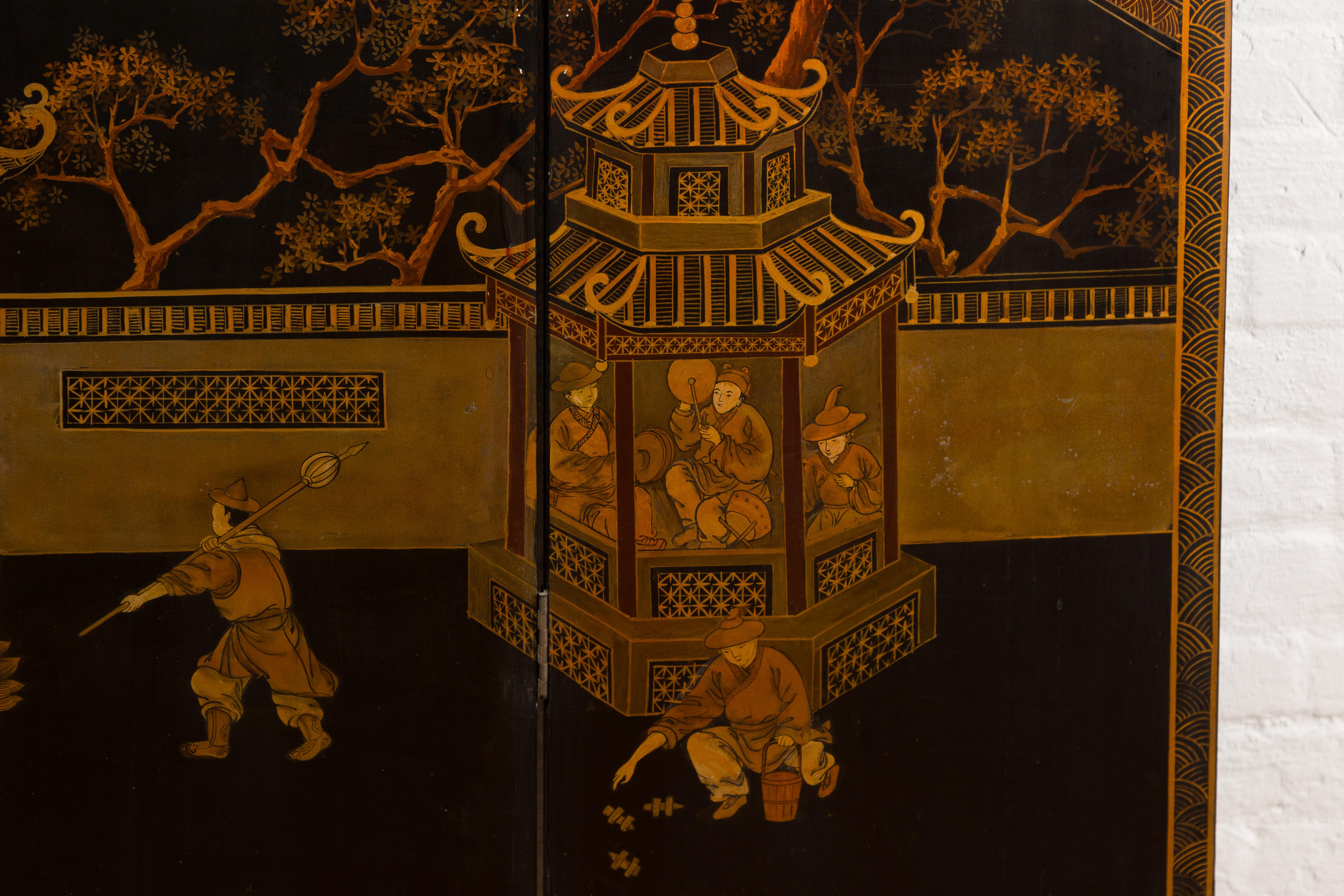 Vintage Chinese Six-Panel Gold and Black Screen with Hand-Painted Scenes For Sale 7
