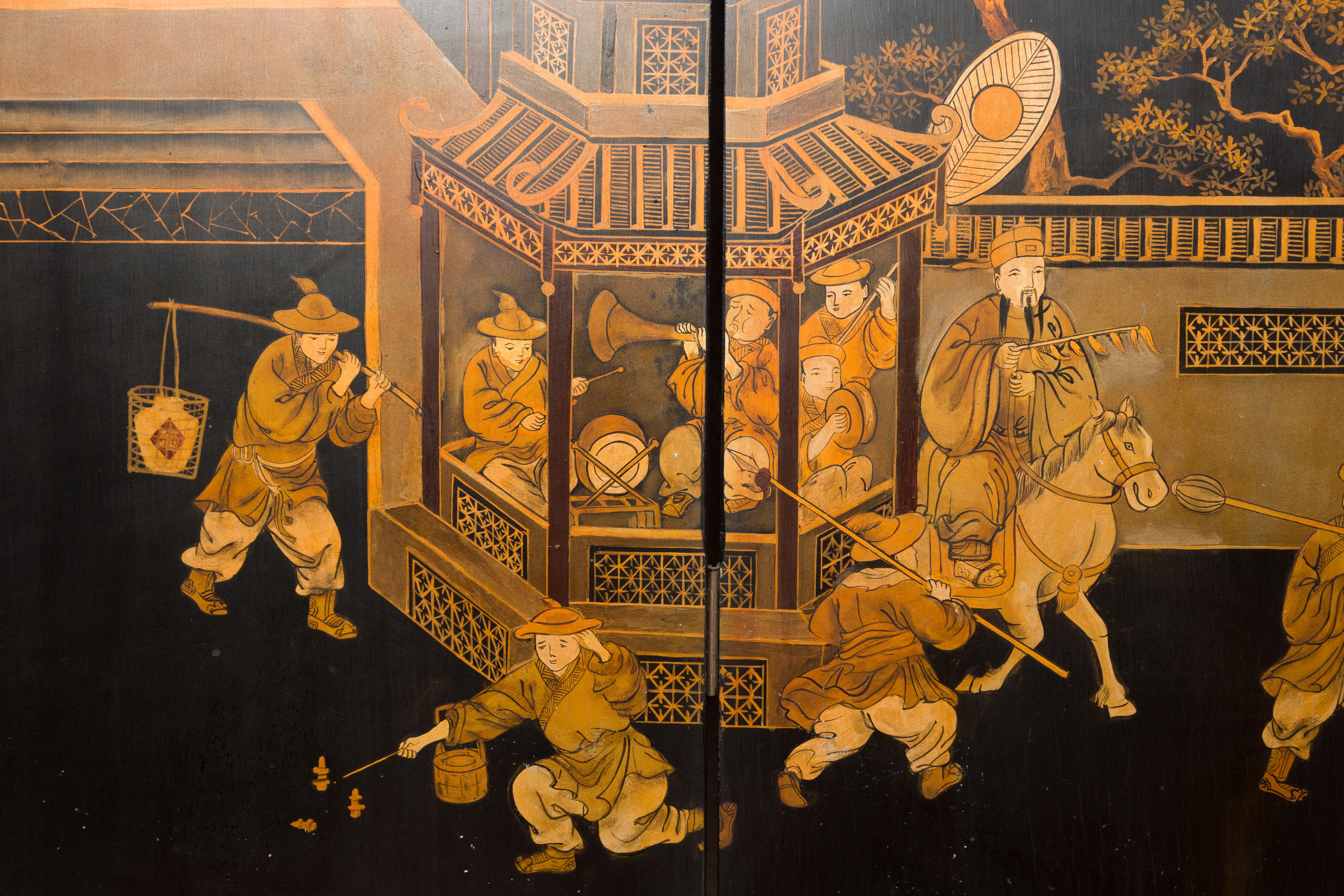 Vintage Chinese Six-Panel Gold and Black Screen with Hand-Painted Scenes For Sale 9