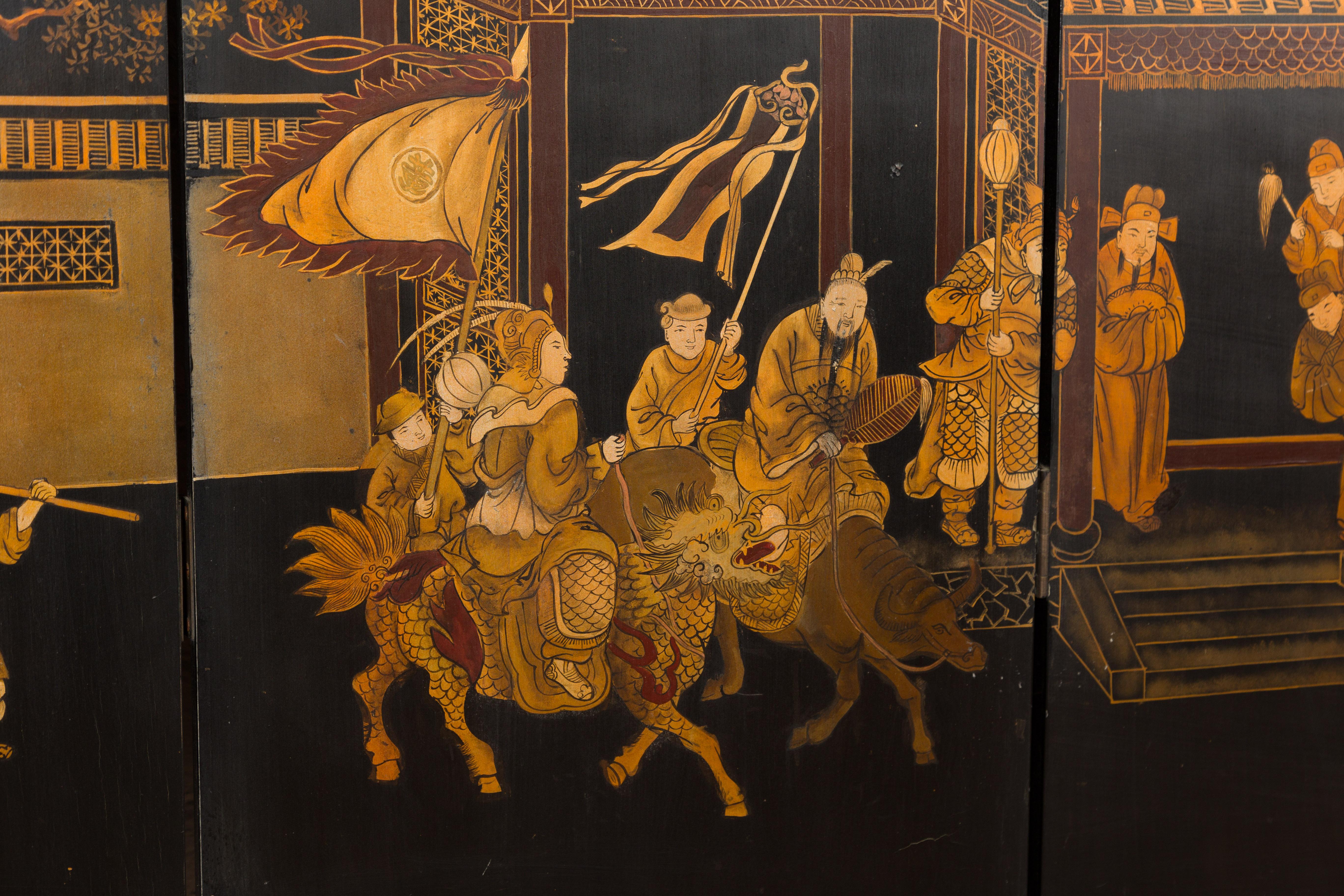 Vintage Chinese Six-Panel Gold and Black Screen with Hand-Painted Scenes For Sale 10
