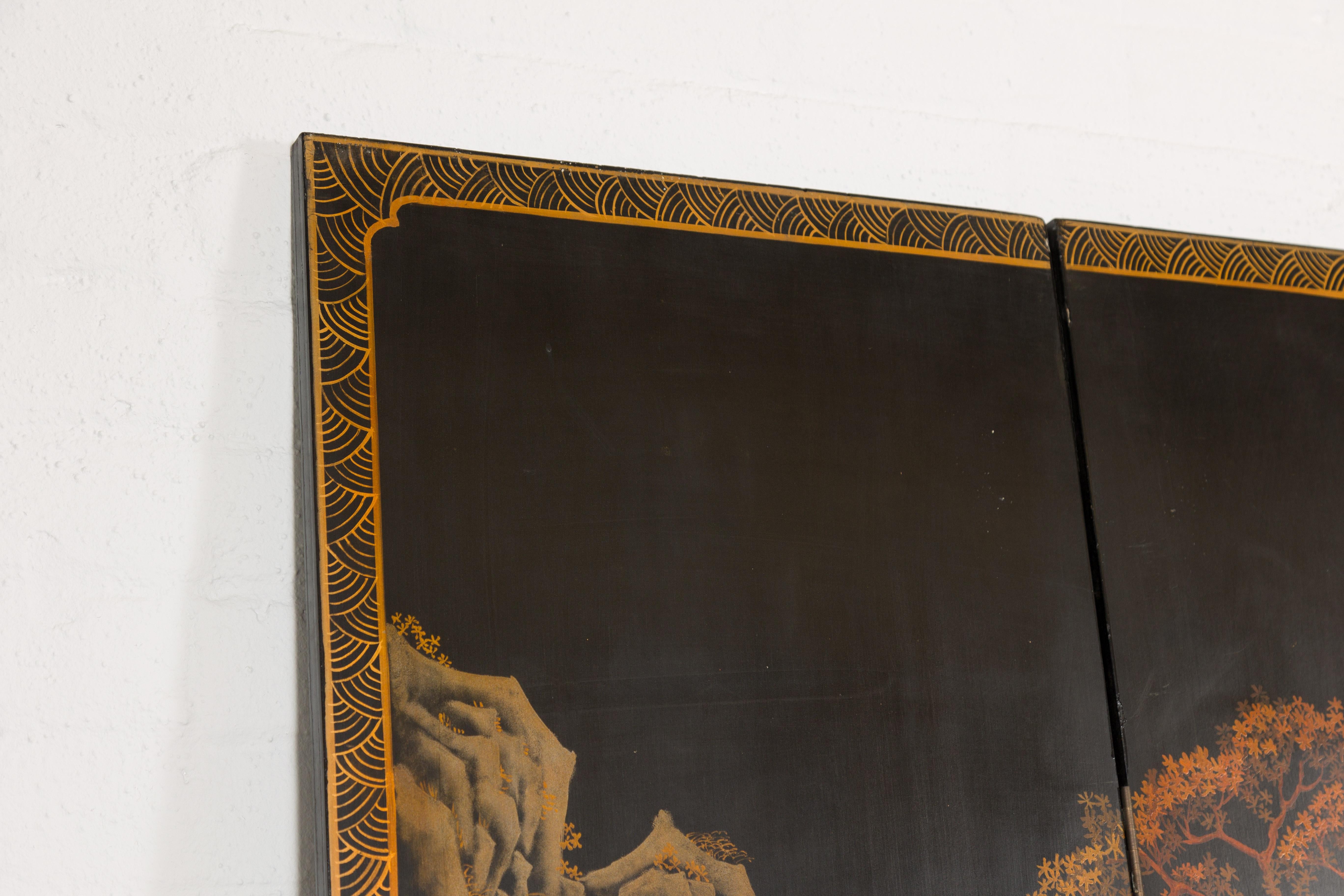 Vintage Chinese Six-Panel Gold and Black Screen with Hand-Painted Scenes For Sale 11