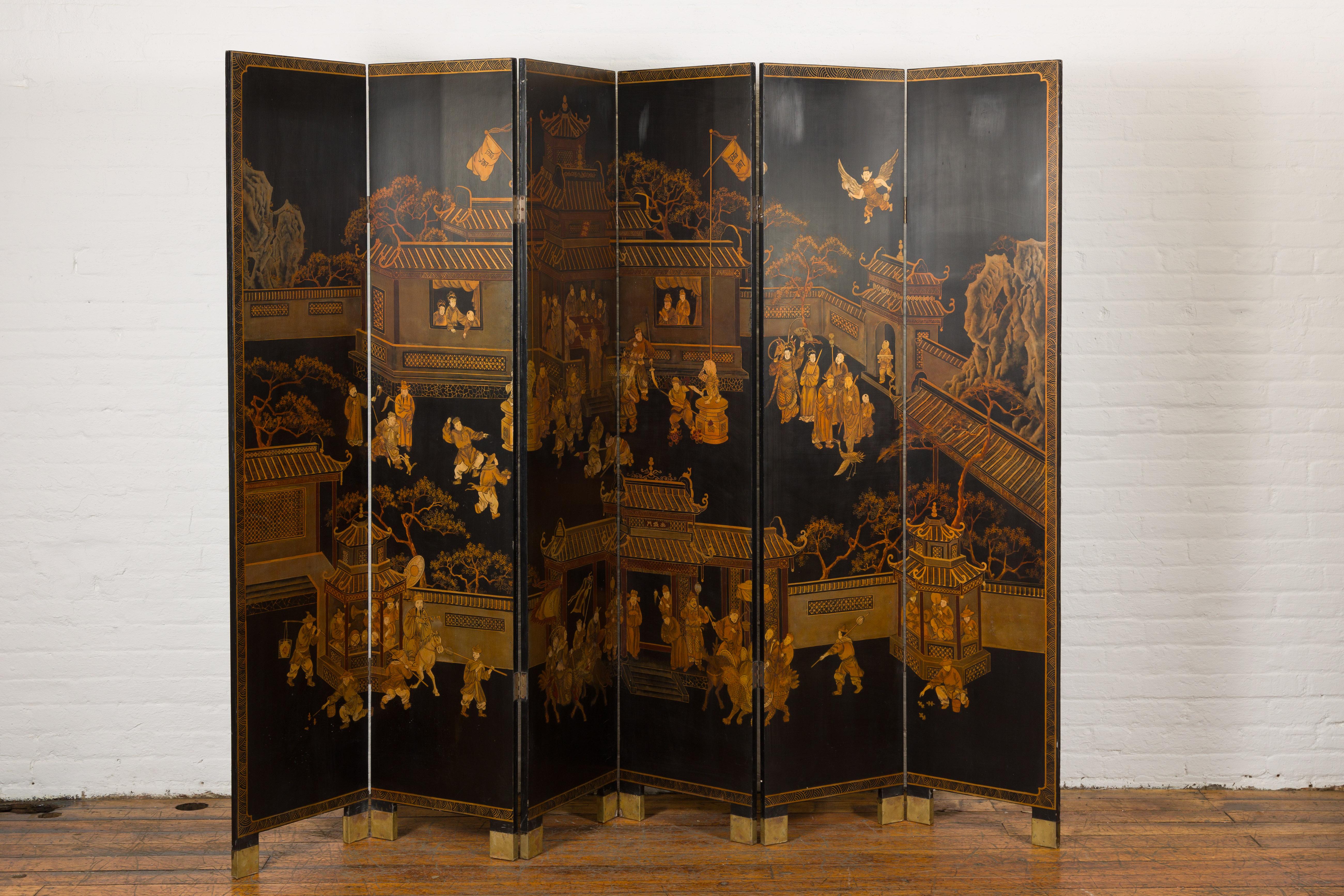 Vintage Chinese Six-Panel Gold and Black Screen with Hand-Painted Scenes For Sale 12