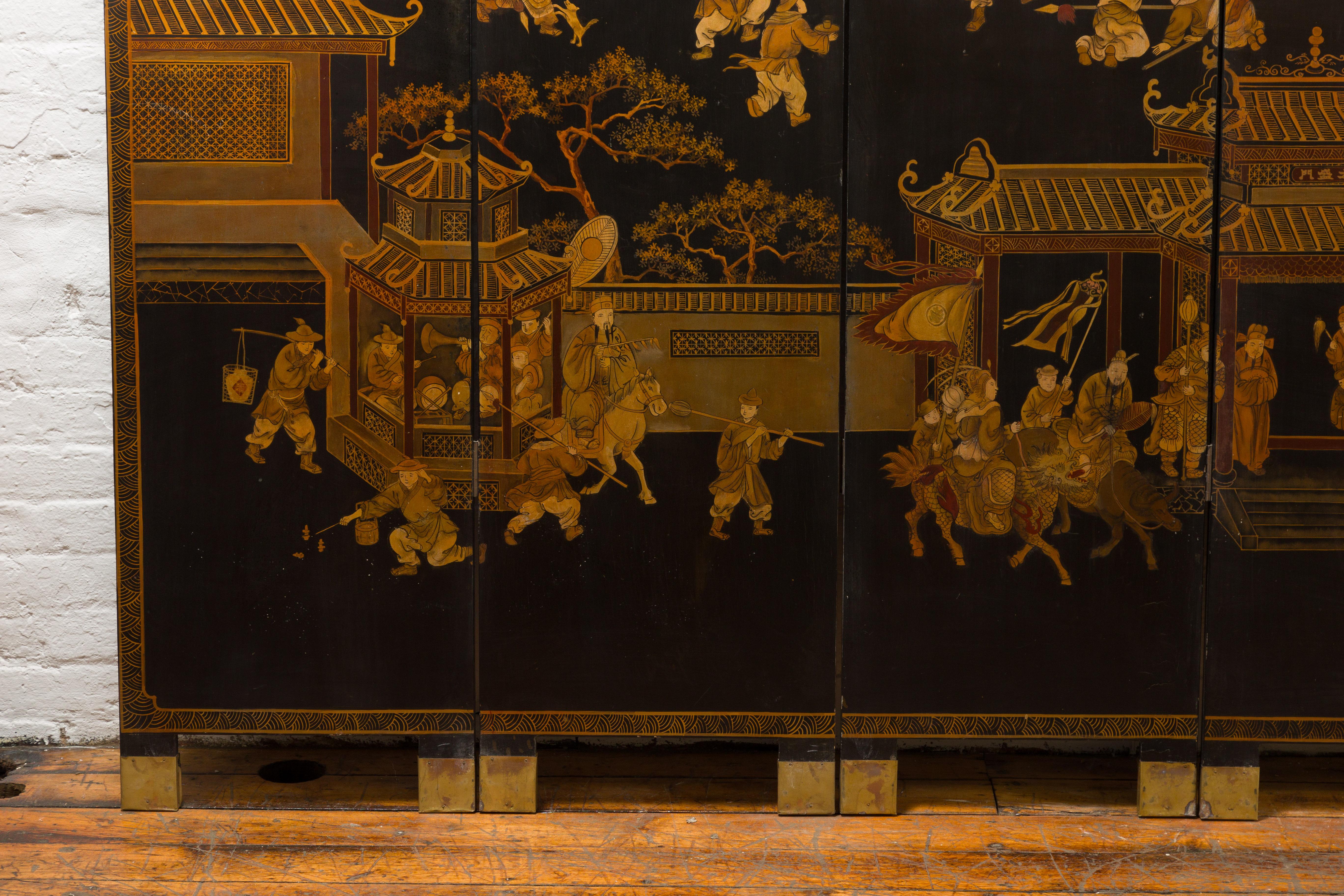 Lacquered Vintage Chinese Six-Panel Gold and Black Screen with Hand-Painted Scenes For Sale