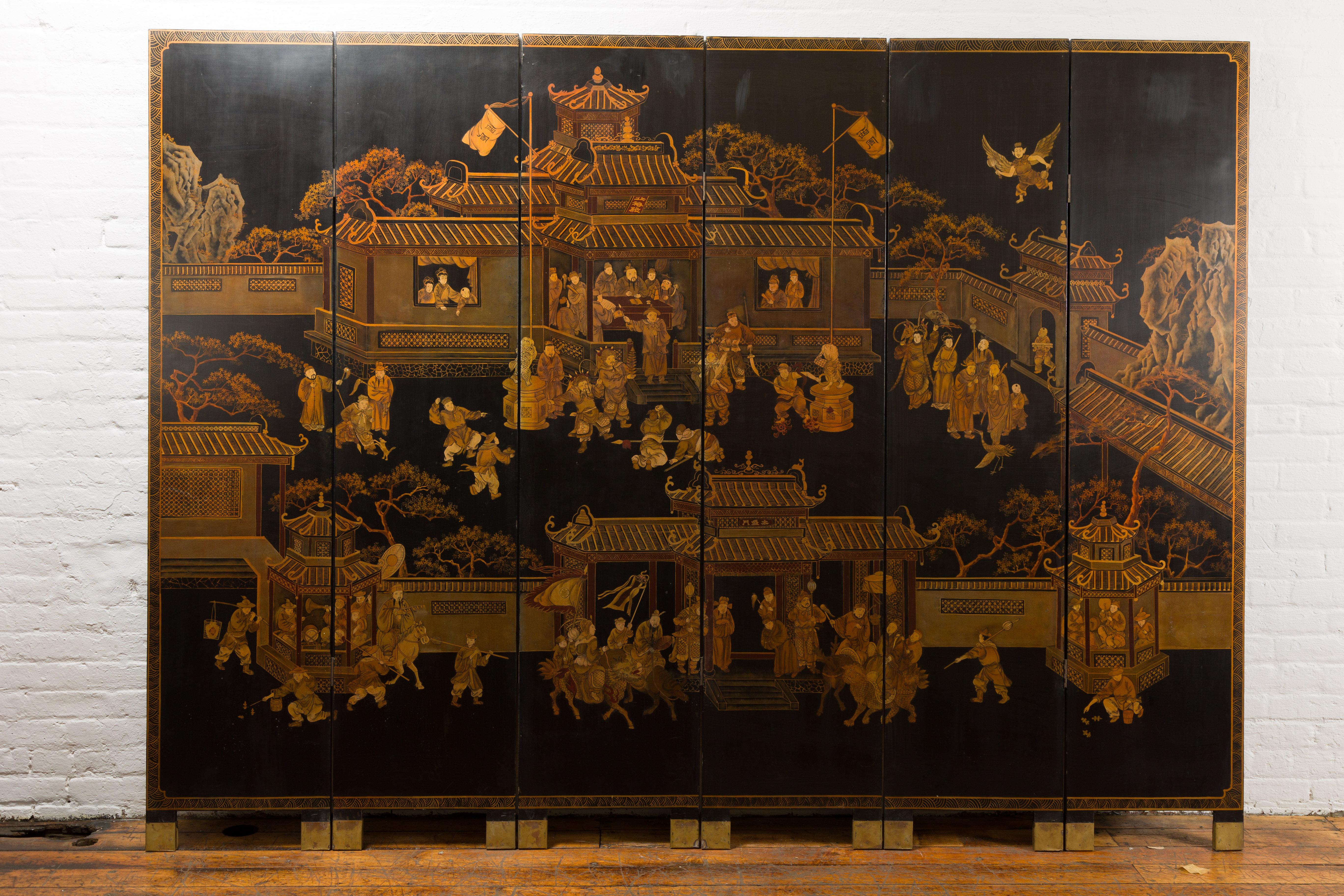 Vintage Chinese Six-Panel Gold and Black Screen with Hand-Painted Scenes In Good Condition For Sale In Yonkers, NY