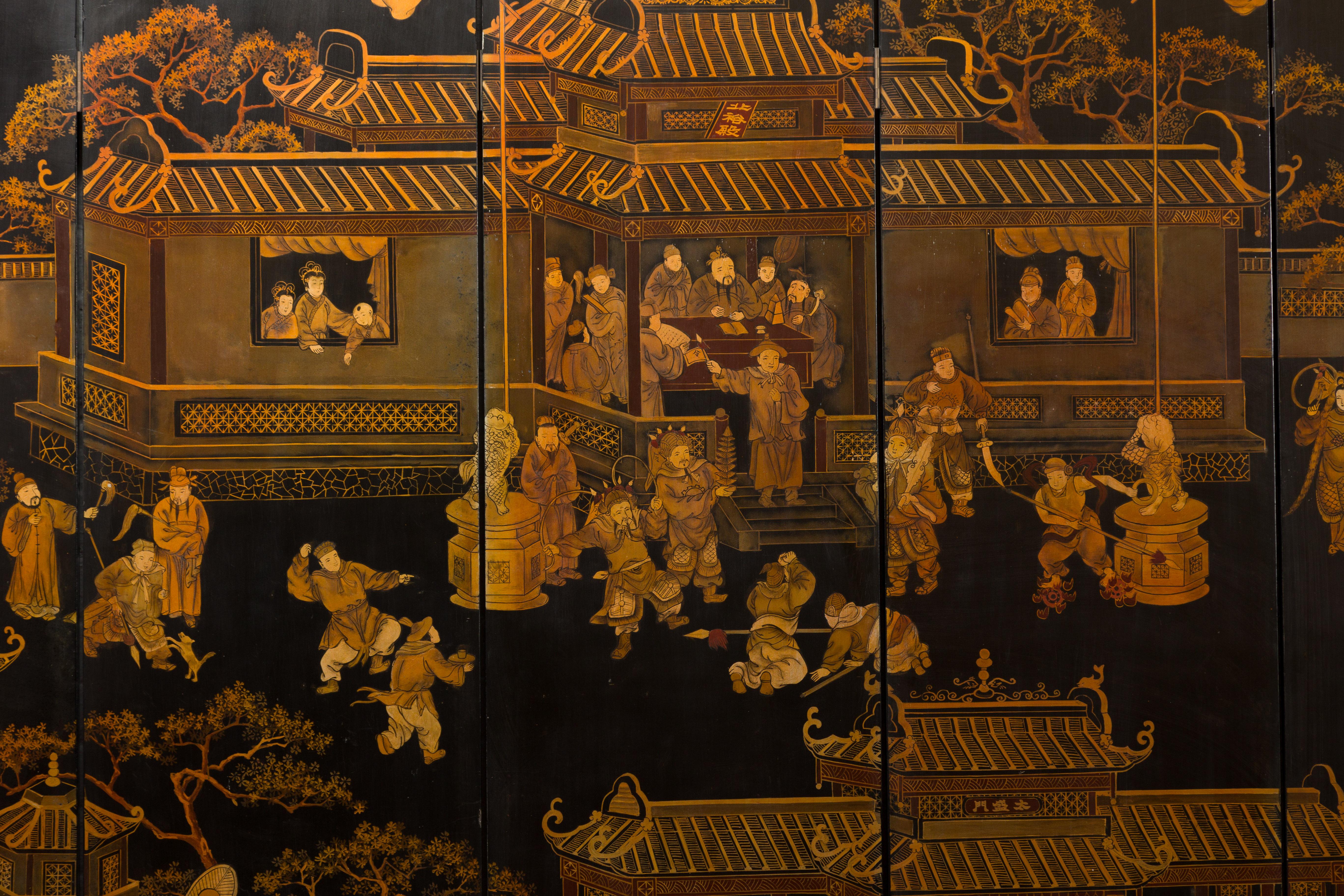 20th Century Vintage Chinese Six-Panel Gold and Black Screen with Hand-Painted Scenes For Sale