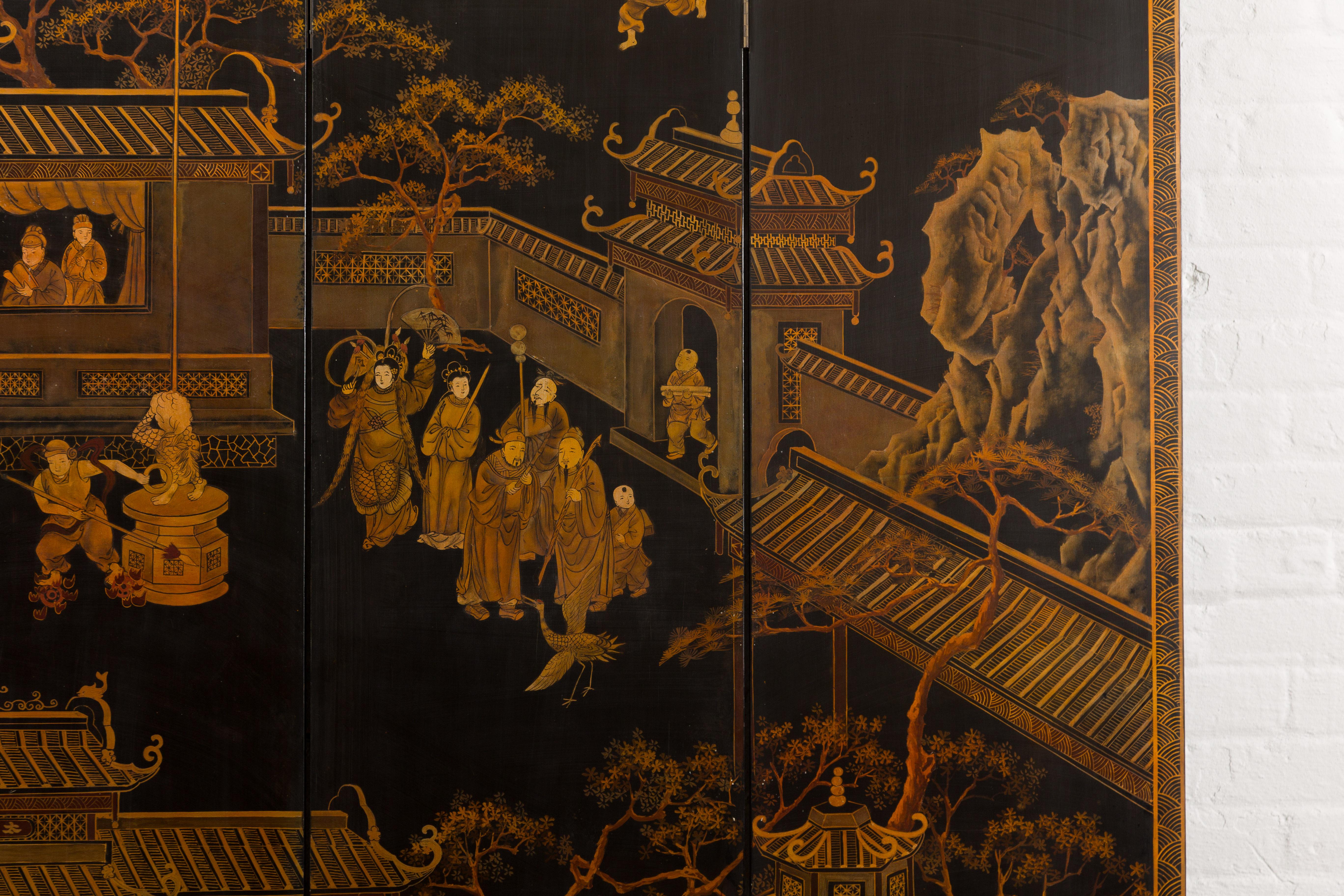 Wood Vintage Chinese Six-Panel Gold and Black Screen with Hand-Painted Scenes For Sale