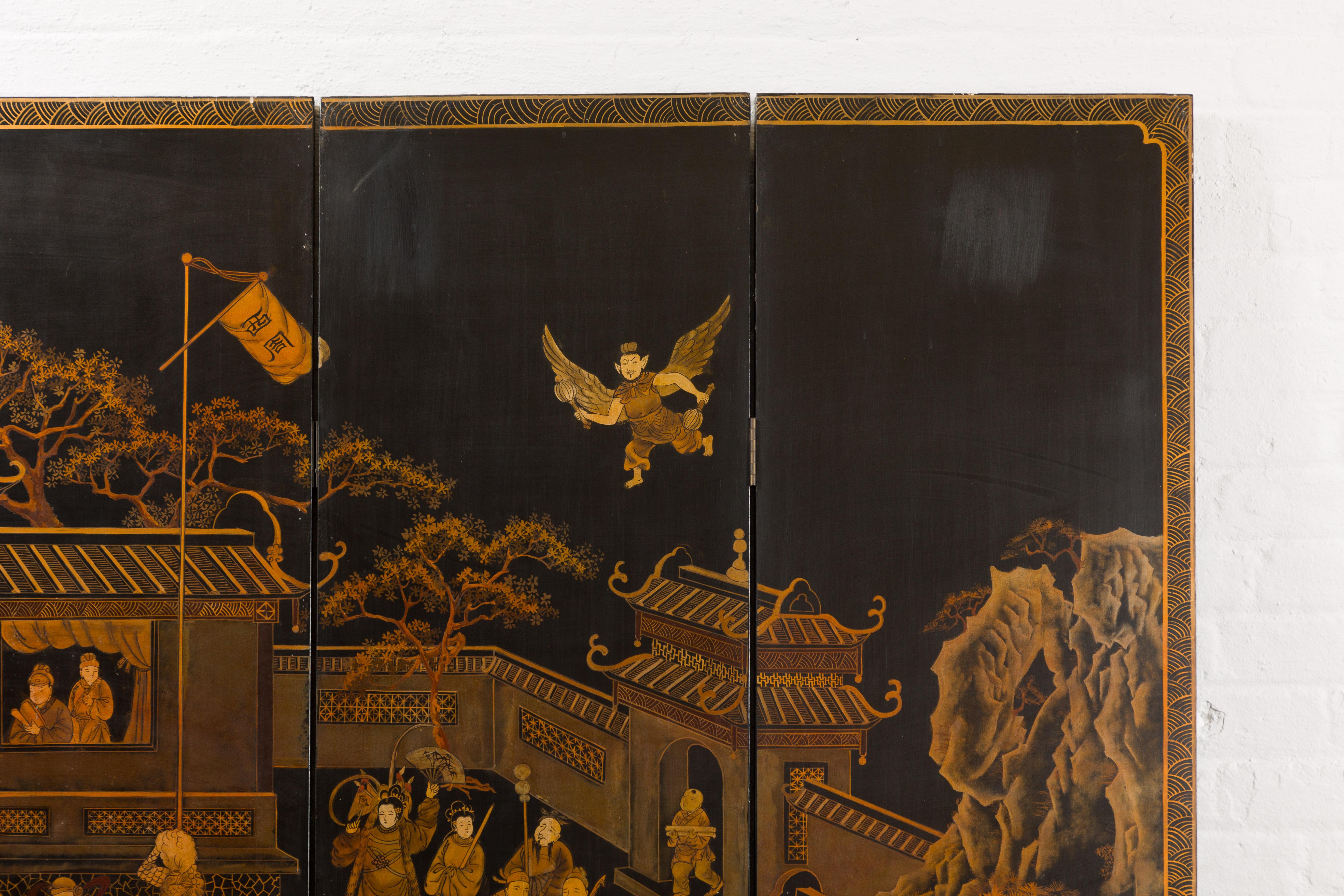 Vintage Chinese Six-Panel Gold and Black Screen with Hand-Painted Scenes For Sale 1
