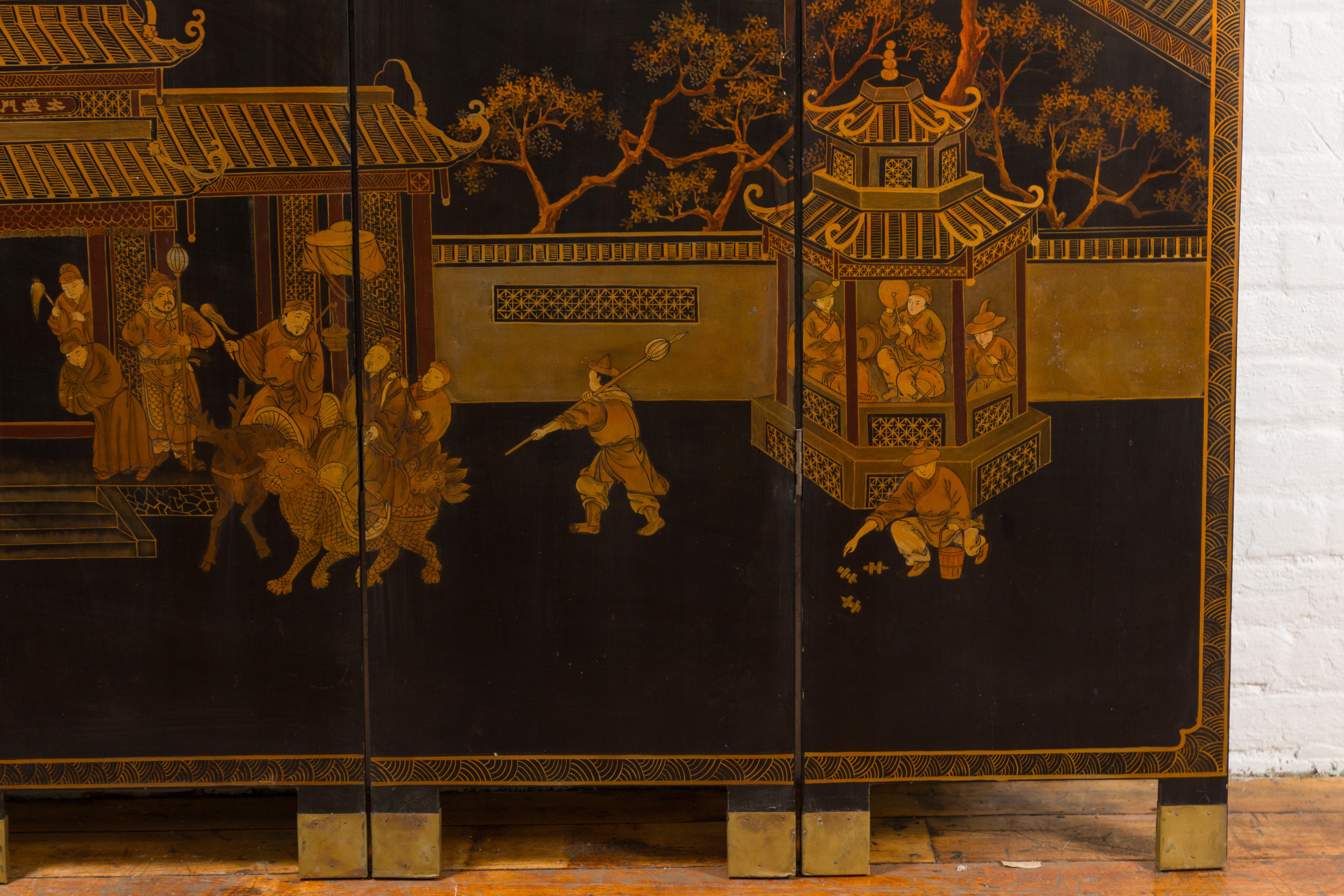 Vintage Chinese Six-Panel Gold and Black Screen with Hand-Painted Scenes For Sale 2