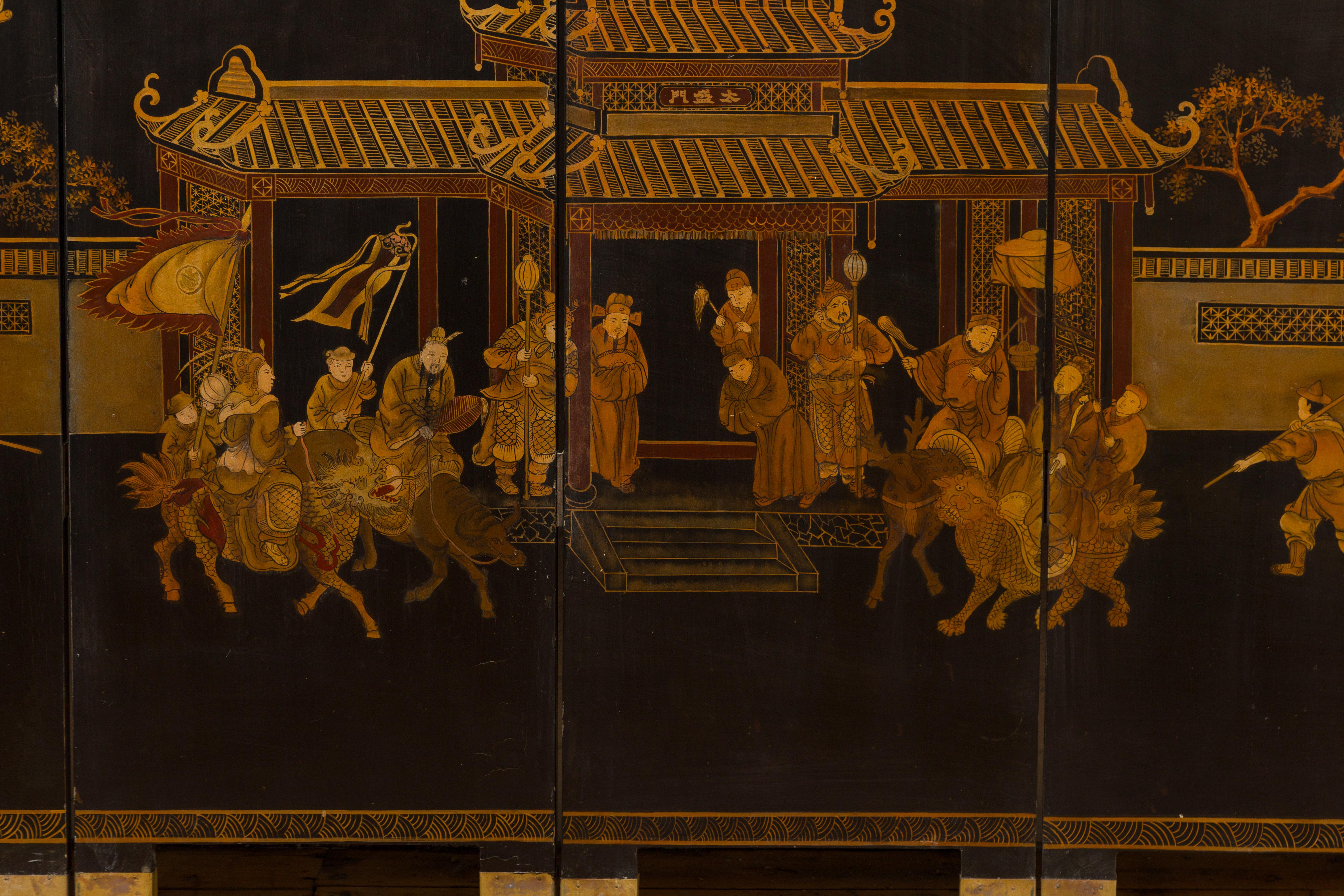Vintage Chinese Six-Panel Gold and Black Screen with Hand-Painted Scenes For Sale 3
