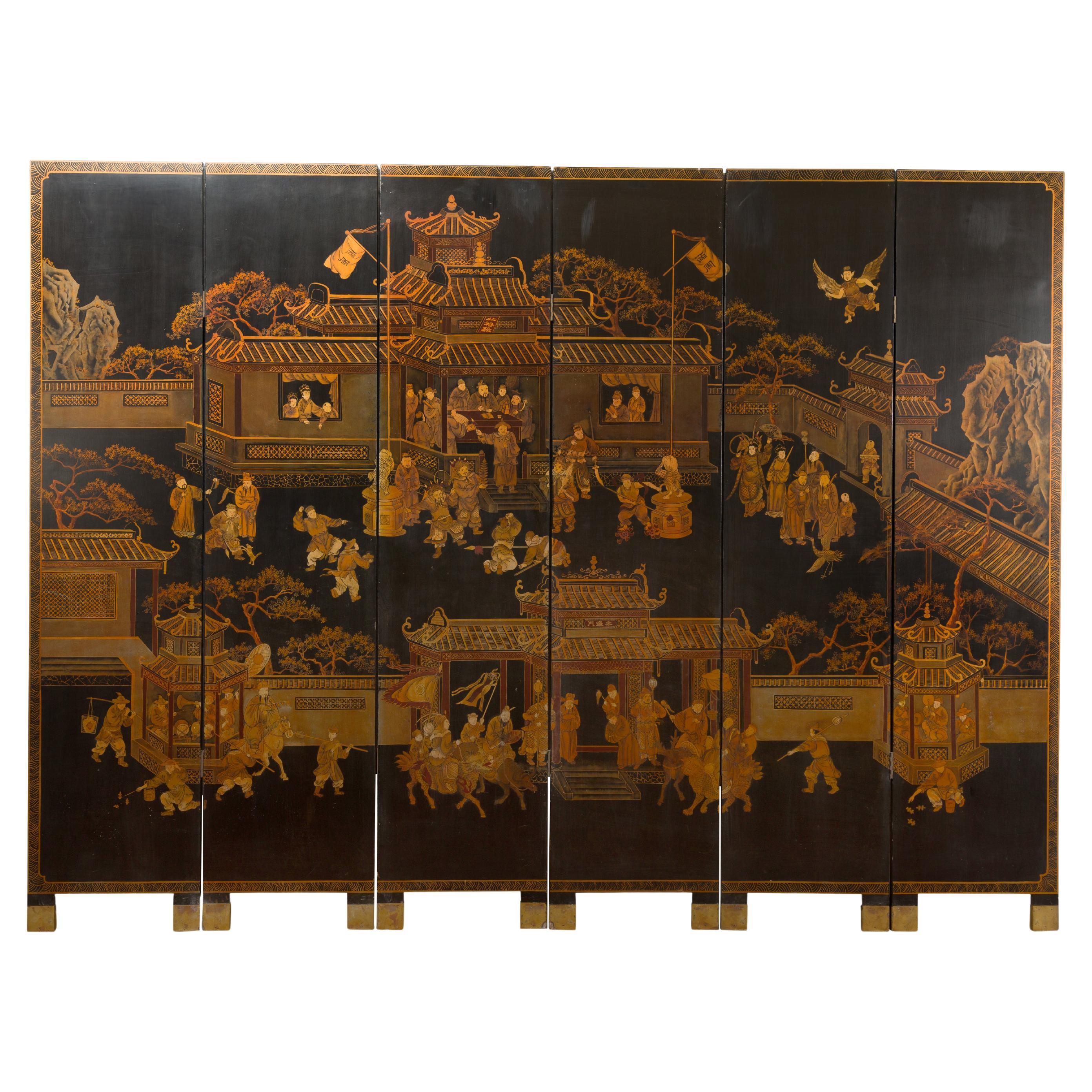 Sechsteiliger chinesischer Vintage-Raumteiler aus Gold und Schwarz mit handbemalten Szenen
