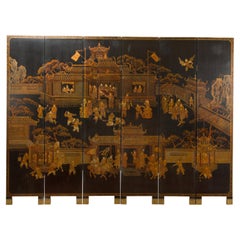 Paravent chinois vintage à six panneaux or et noir avec scènes peintes à la main