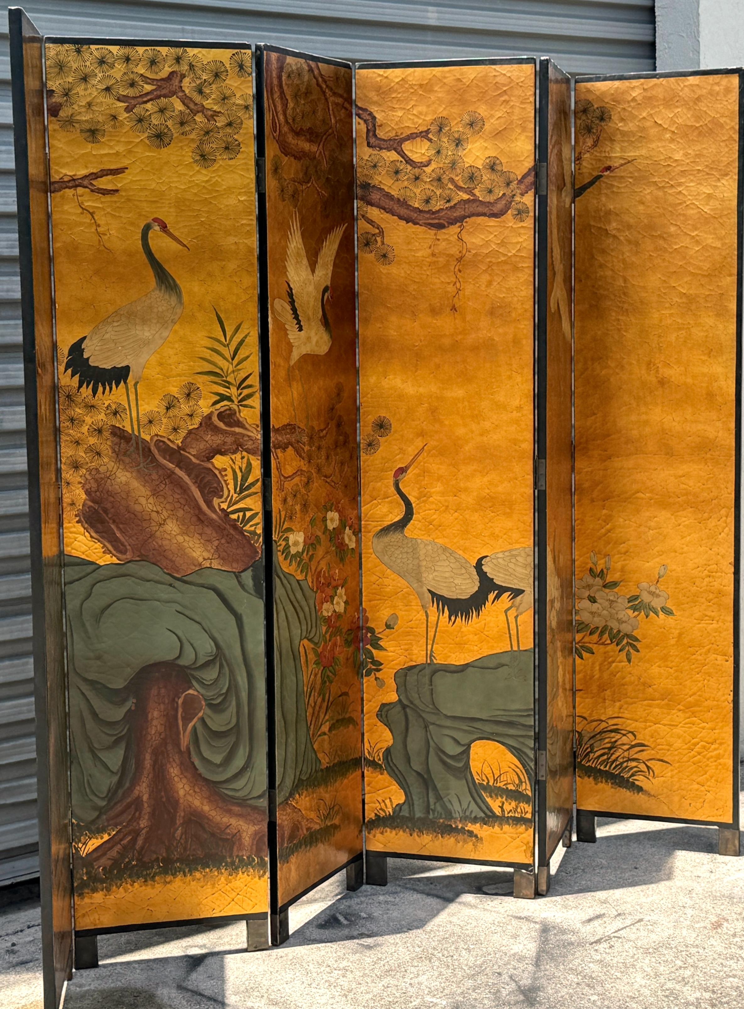 Chinese Export Vintage Chinese Six-Panel Screen with Cranes and Bamboo Gilt Background, C. 1980 For Sale