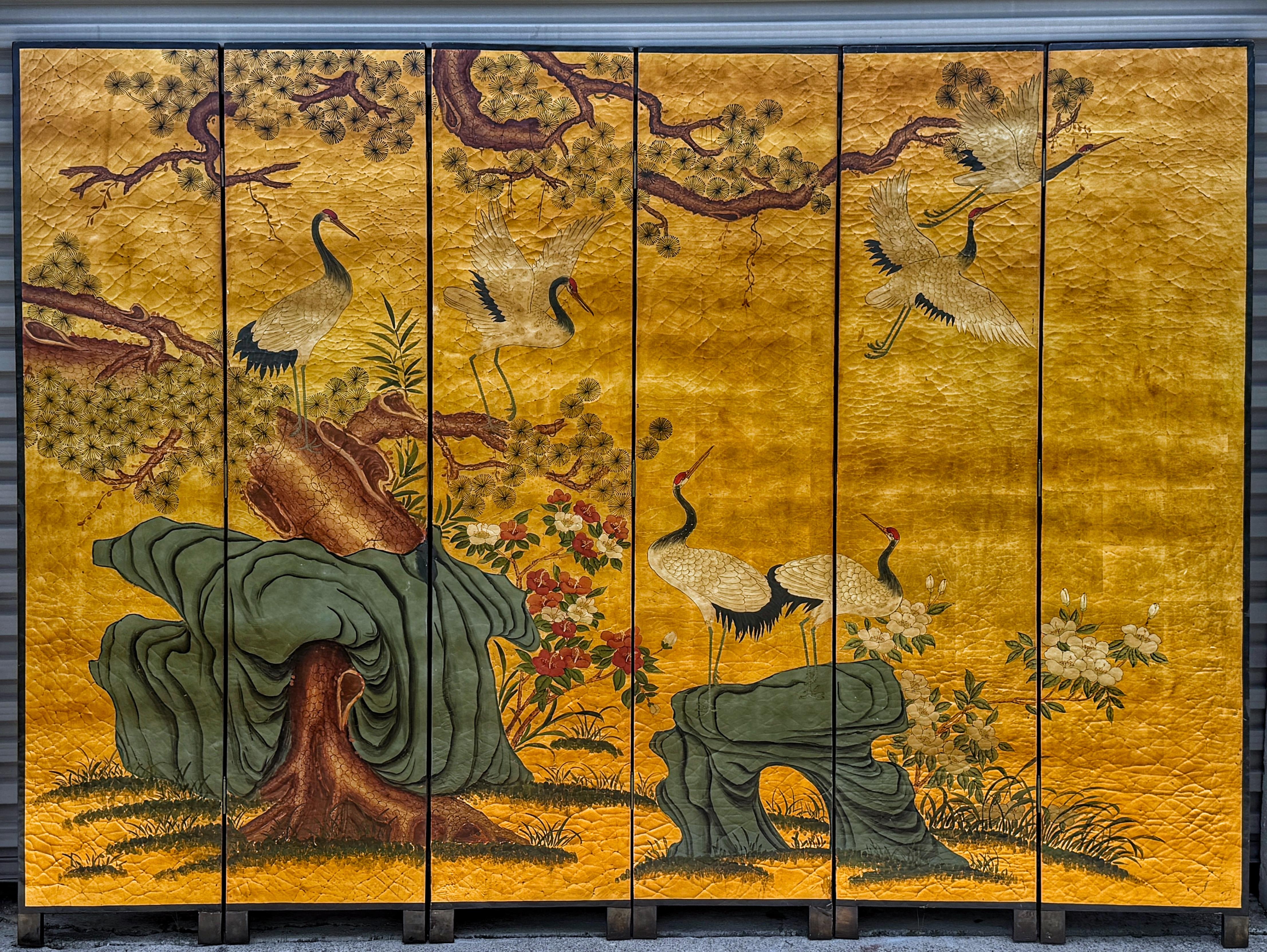 Blackened Vintage Chinese Six-Panel Screen with Cranes and Bamboo Gilt Background, C. 1980 For Sale