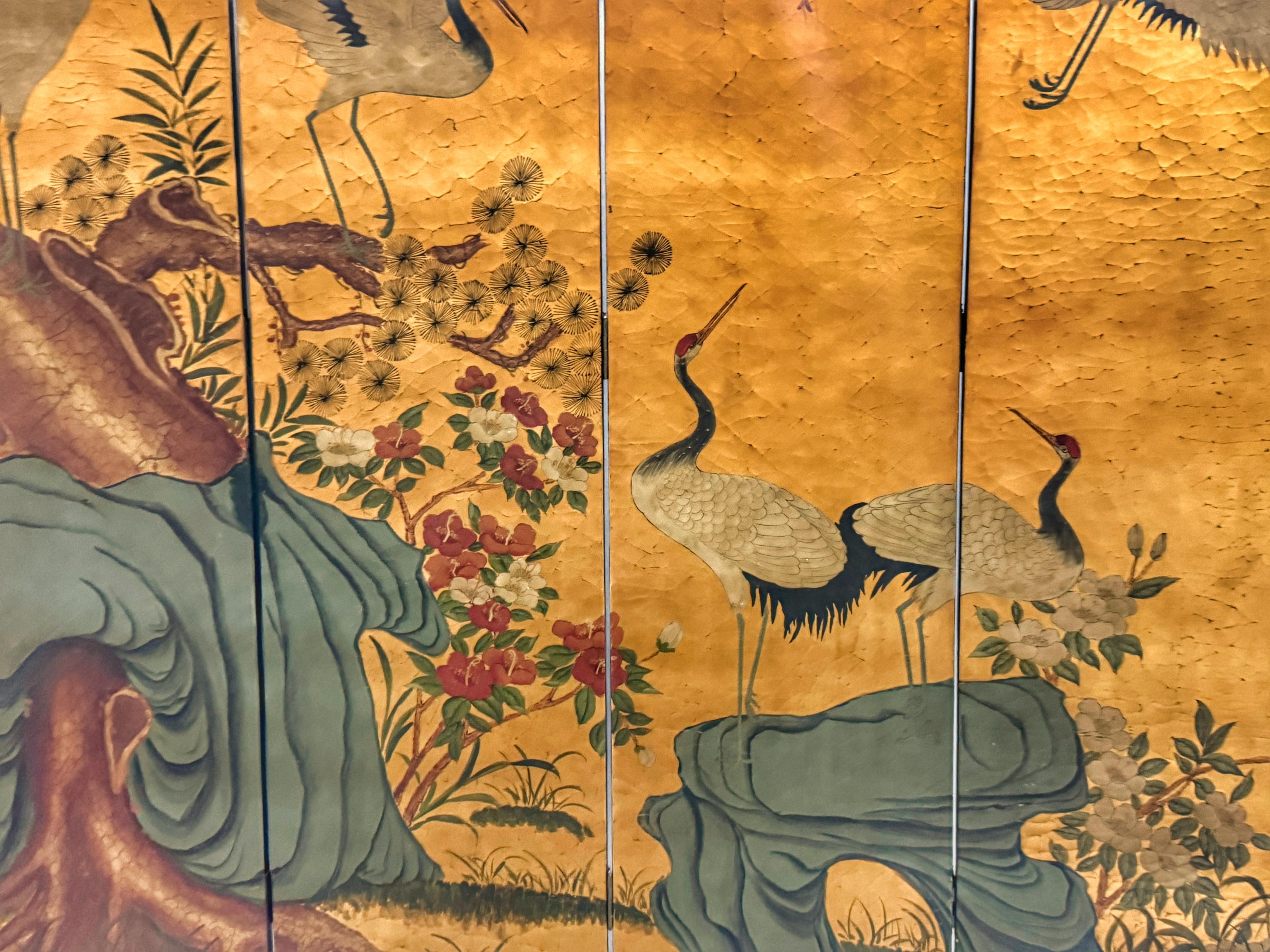 20th Century Vintage Chinese Six-Panel Screen with Cranes and Bamboo Gilt Background, C. 1980 For Sale