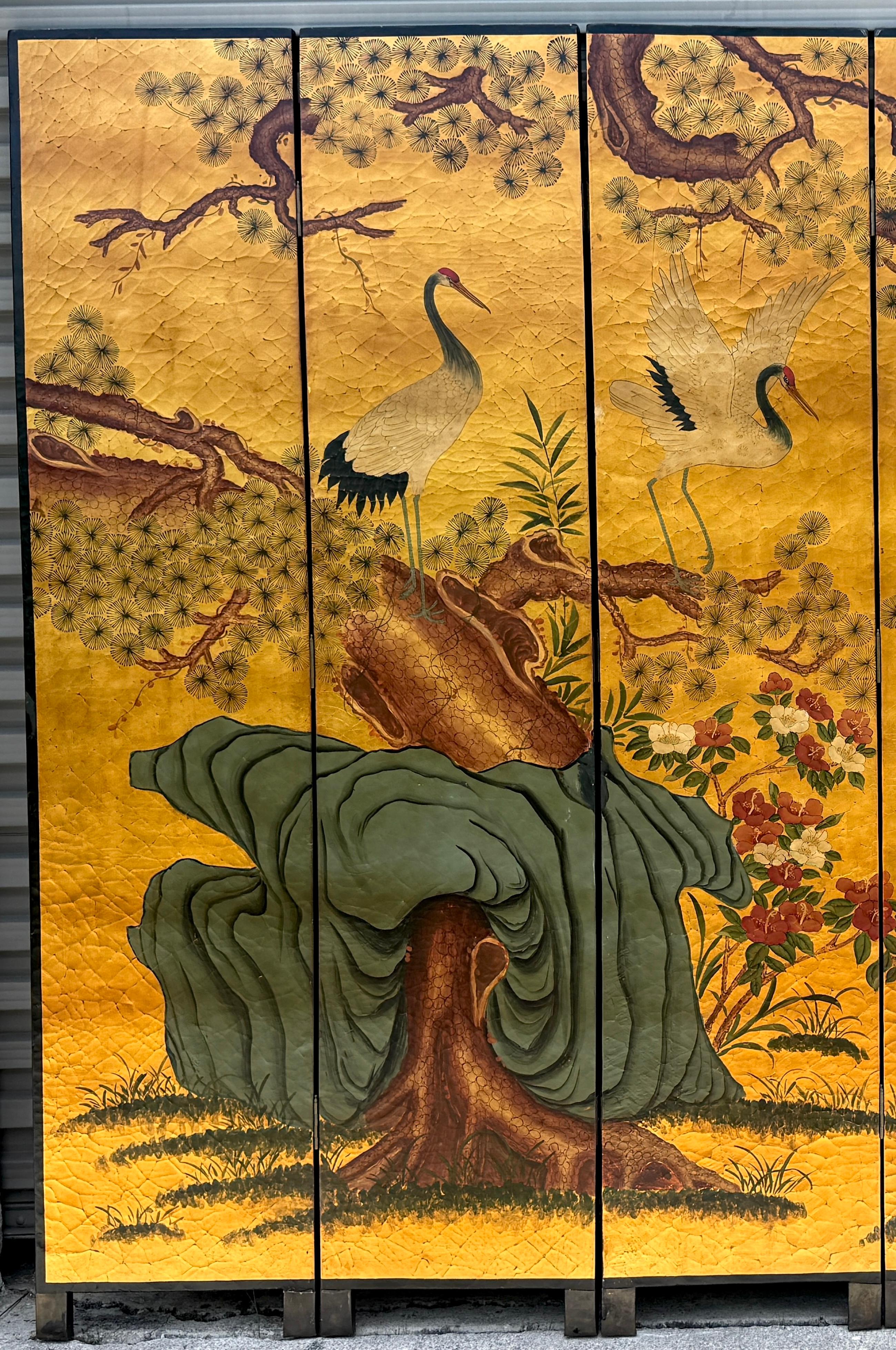 Brass Vintage Chinese Six-Panel Screen with Cranes and Bamboo Gilt Background, C. 1980 For Sale