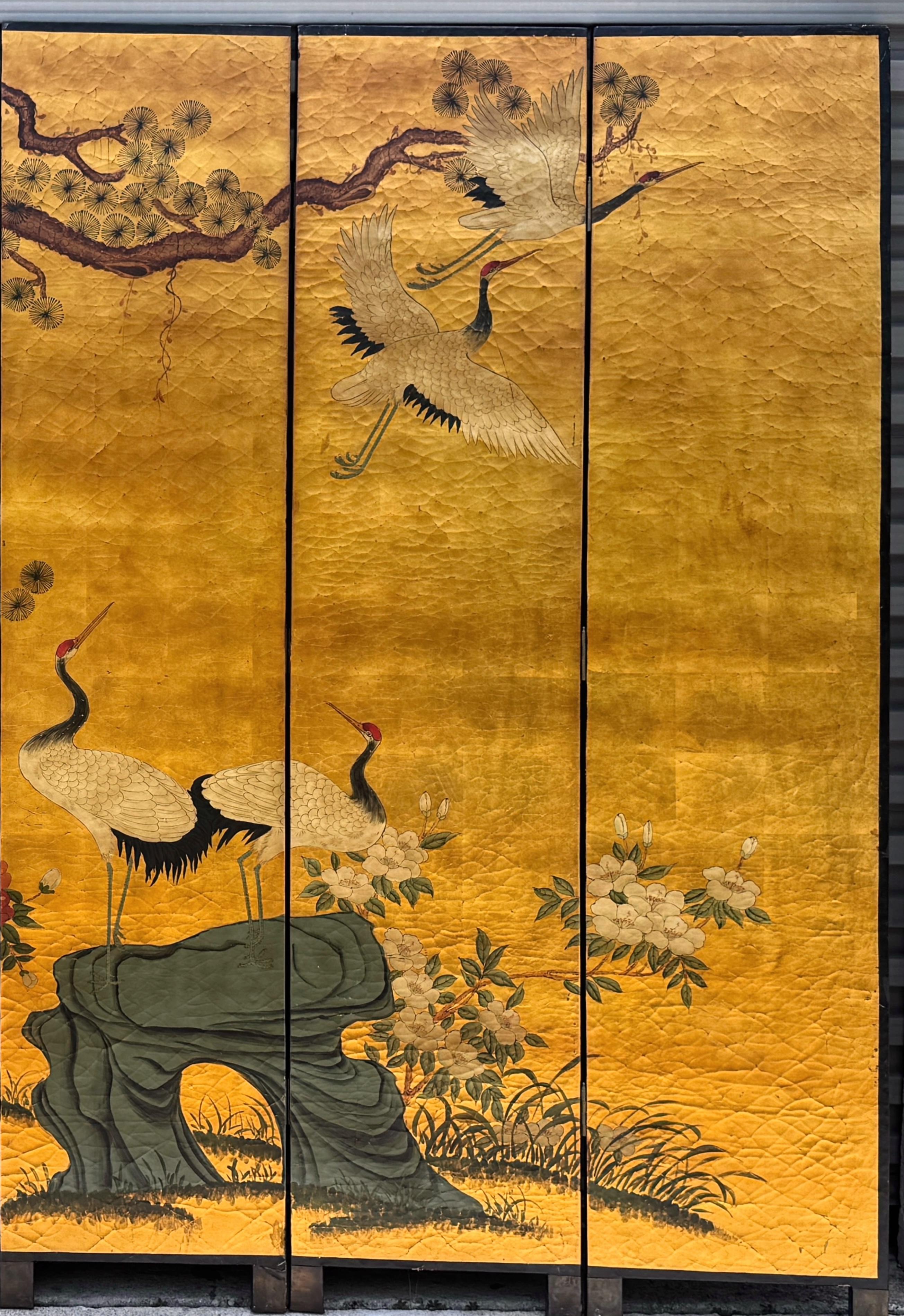 Vintage Chinese Six-Panel Screen with Cranes and Bamboo Gilt Background, C. 1980 For Sale 1