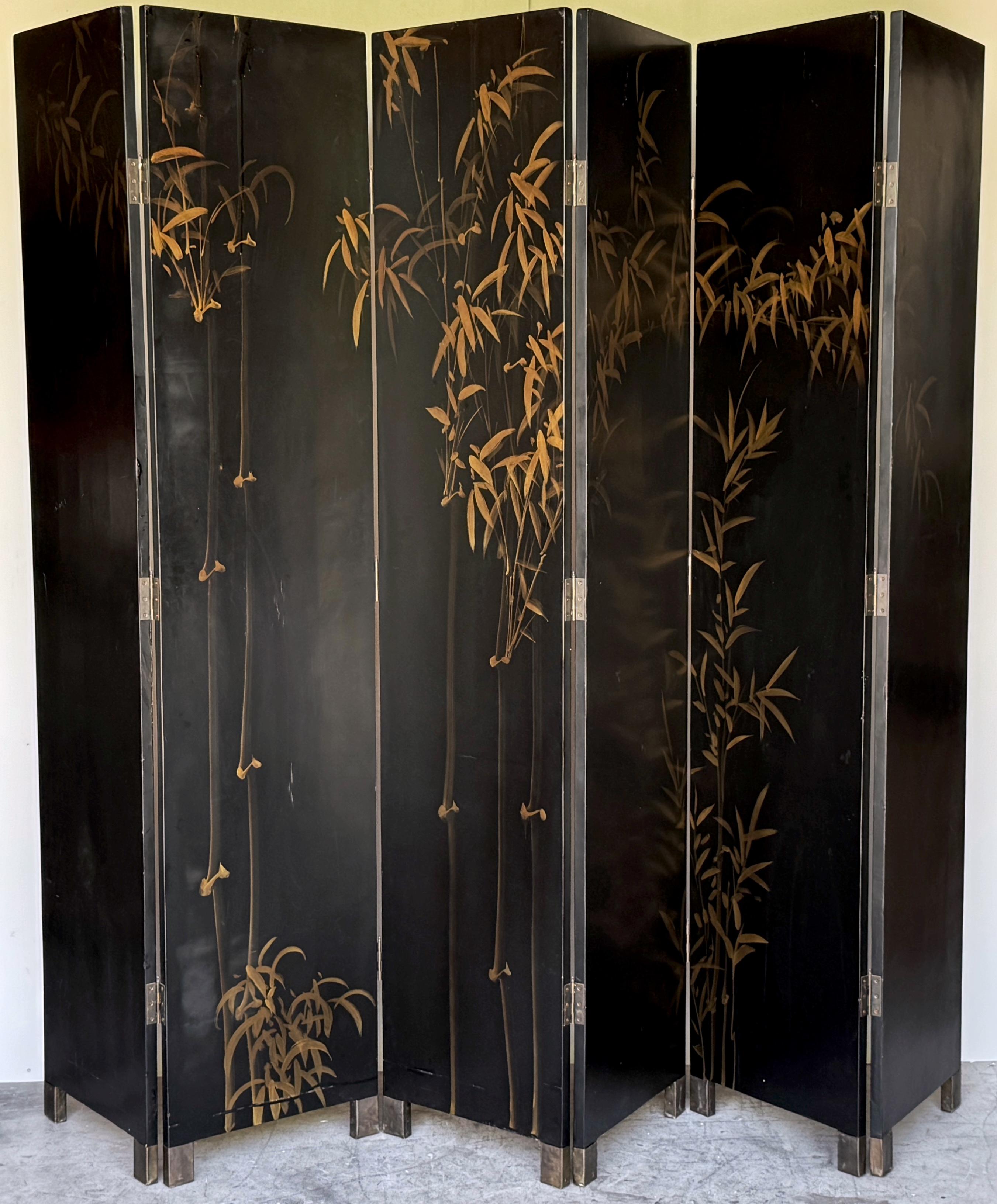 Vintage Chinese Six-Panel Screen with Cranes and Bamboo Gilt Background, C. 1980 For Sale 2