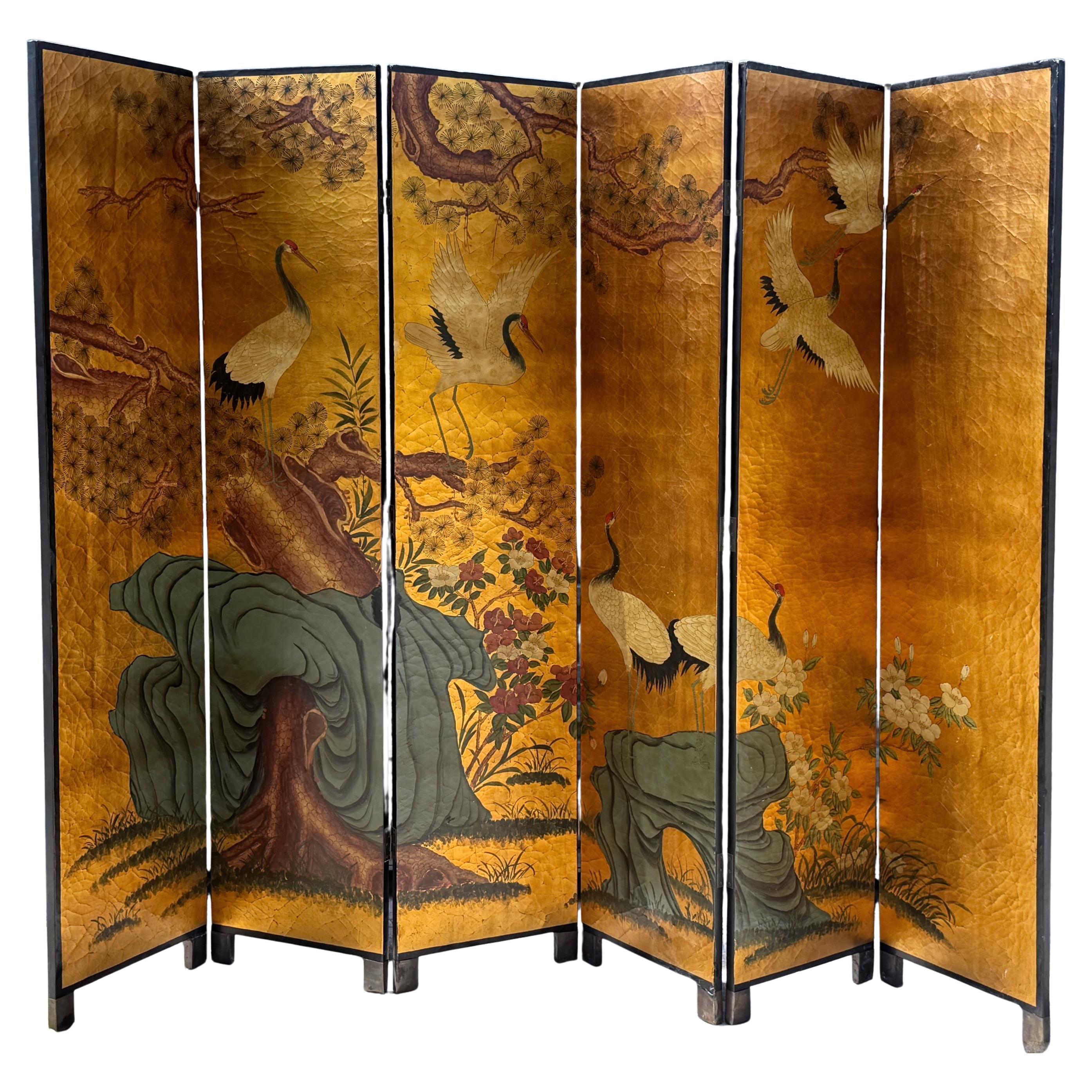 Vintage Chinese Six-Panel Screen with Cranes and Bamboo Gilt Background, C. 1980 For Sale