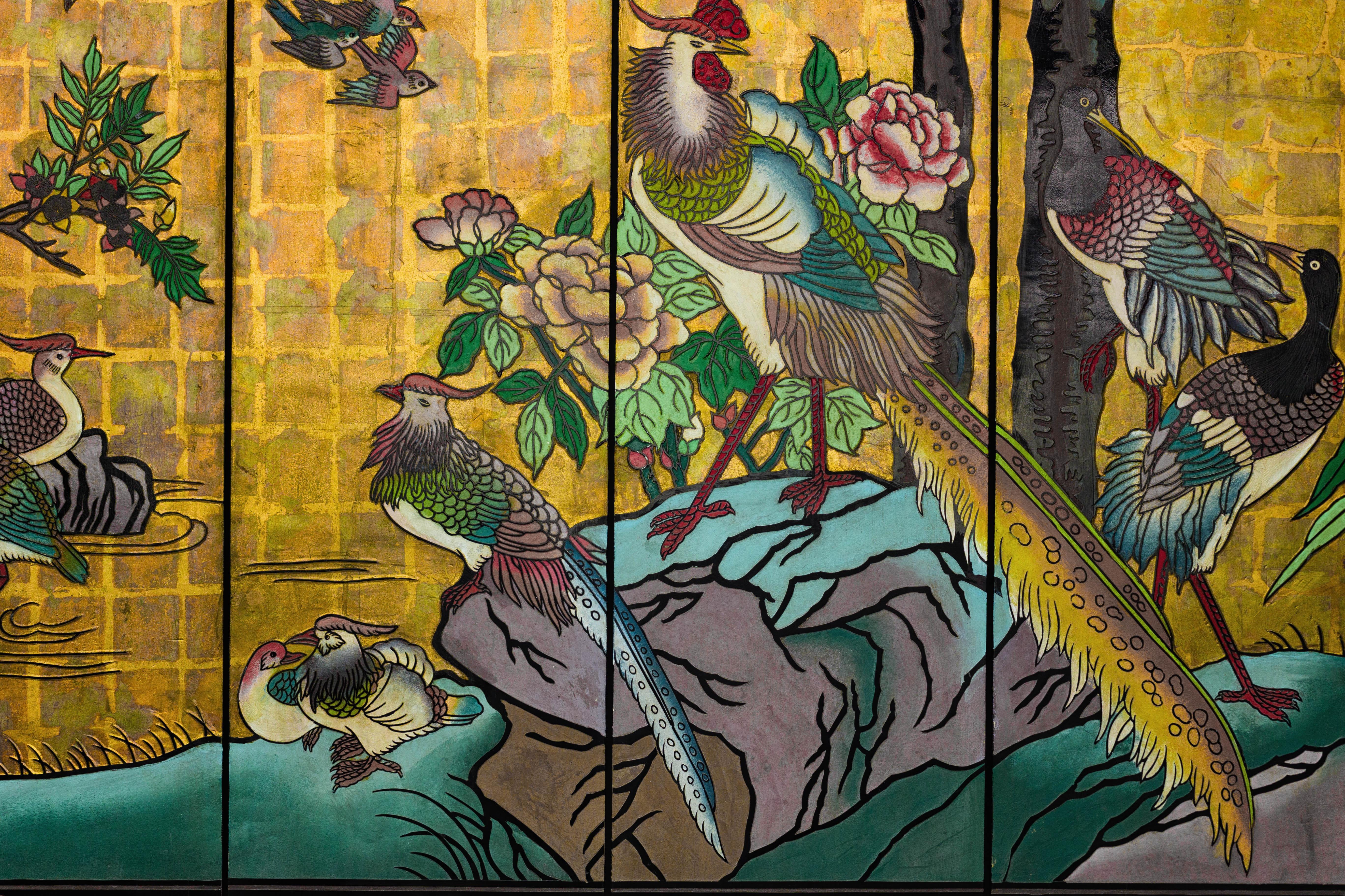 Vintage Chinese Six-Panel Screen with Painted Birds, Flowers, and Gold Detailing For Sale 3