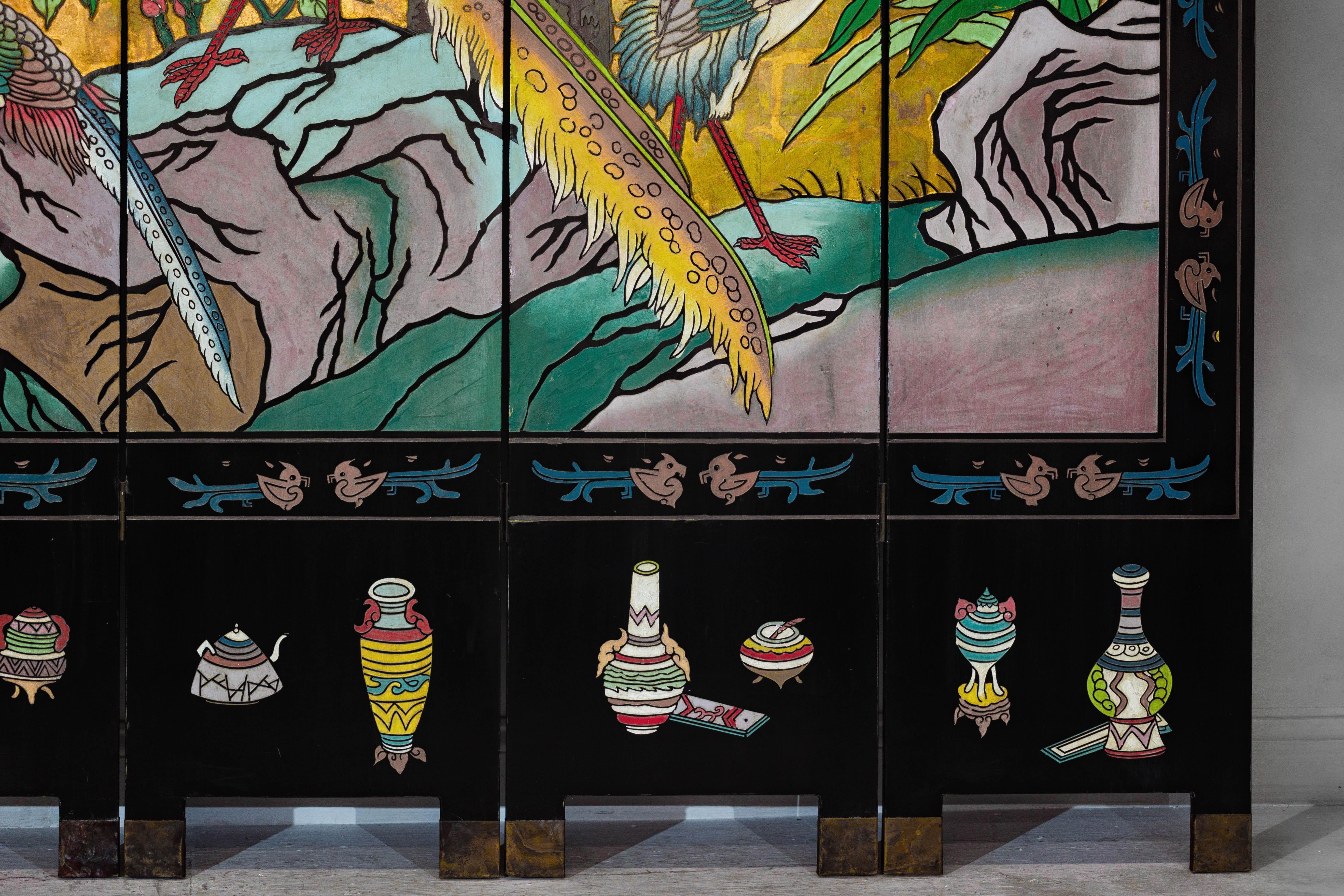 Vintage Chinese Six-Panel Screen with Painted Birds, Flowers, and Gold Detailing For Sale 4
