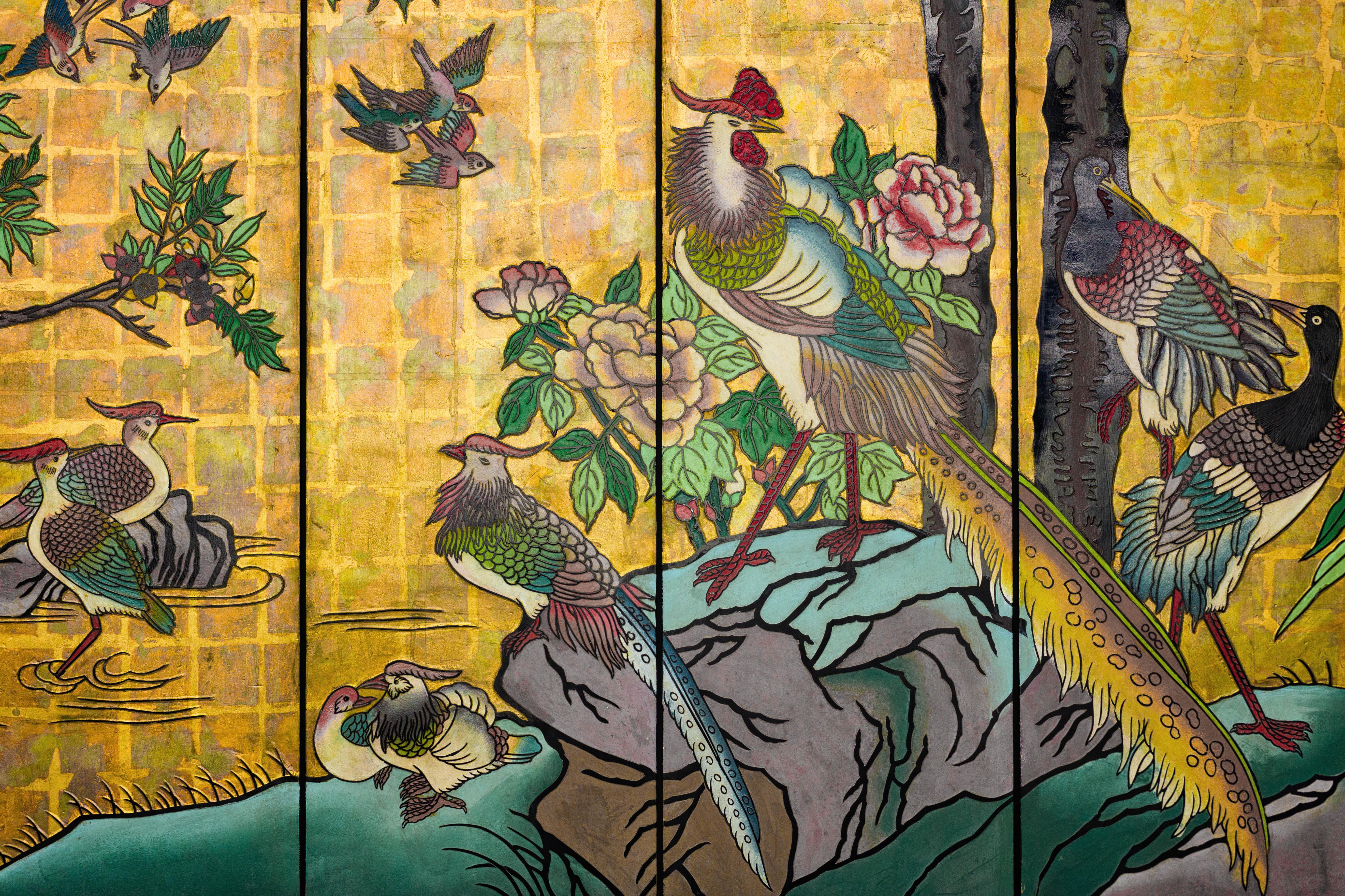 Vintage Chinese Six-Panel Screen with Painted Birds, Flowers, and Gold Detailing For Sale 5
