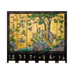 Vintage Chinese Six-Panel Screen with Painted Birds, Flowers, and Gold Detailing