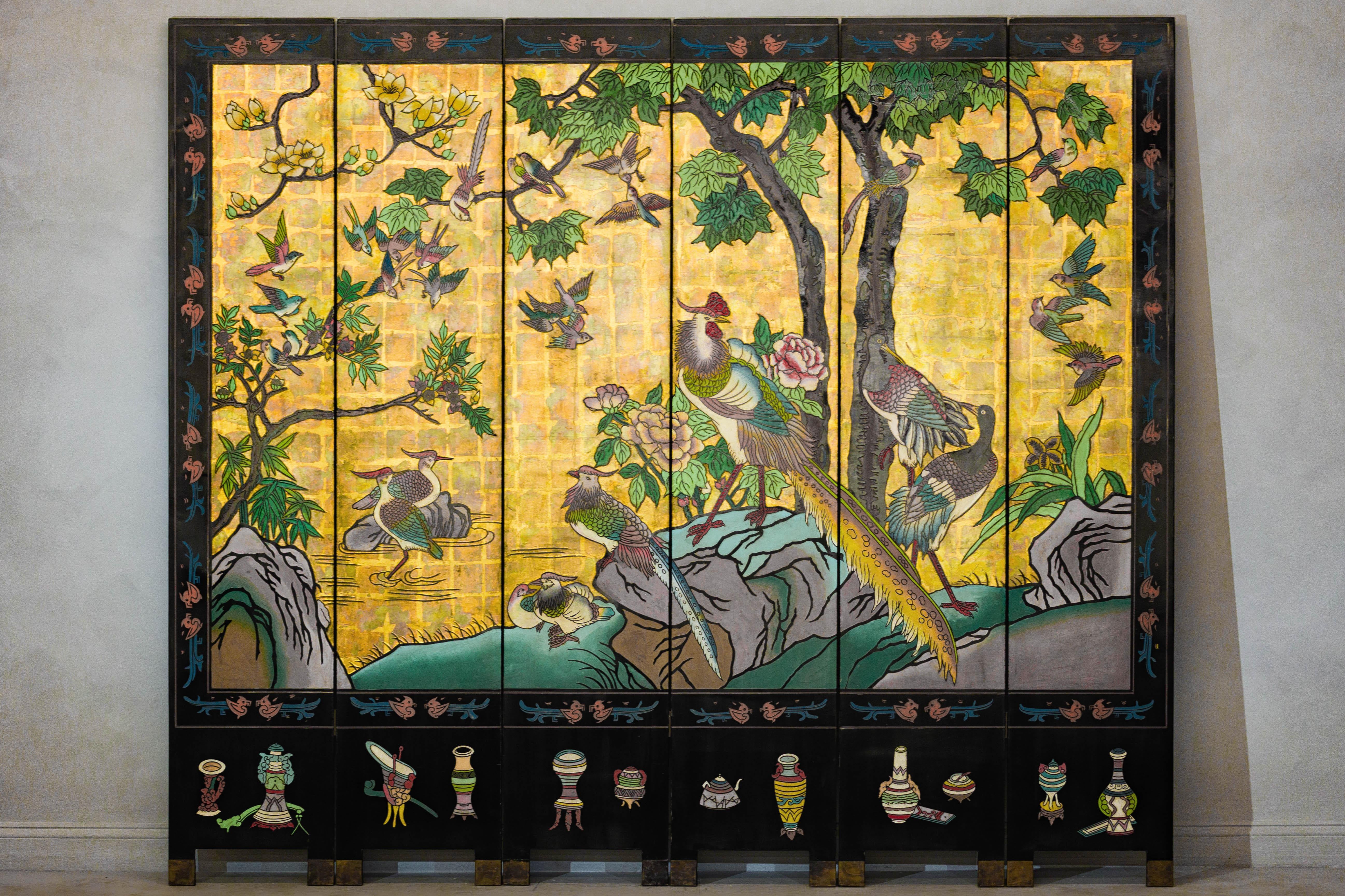 Mid-Century Modern Vintage Chinese Six-Panel Screen with Painted Birds, Flowers, and Gold Detailing For Sale