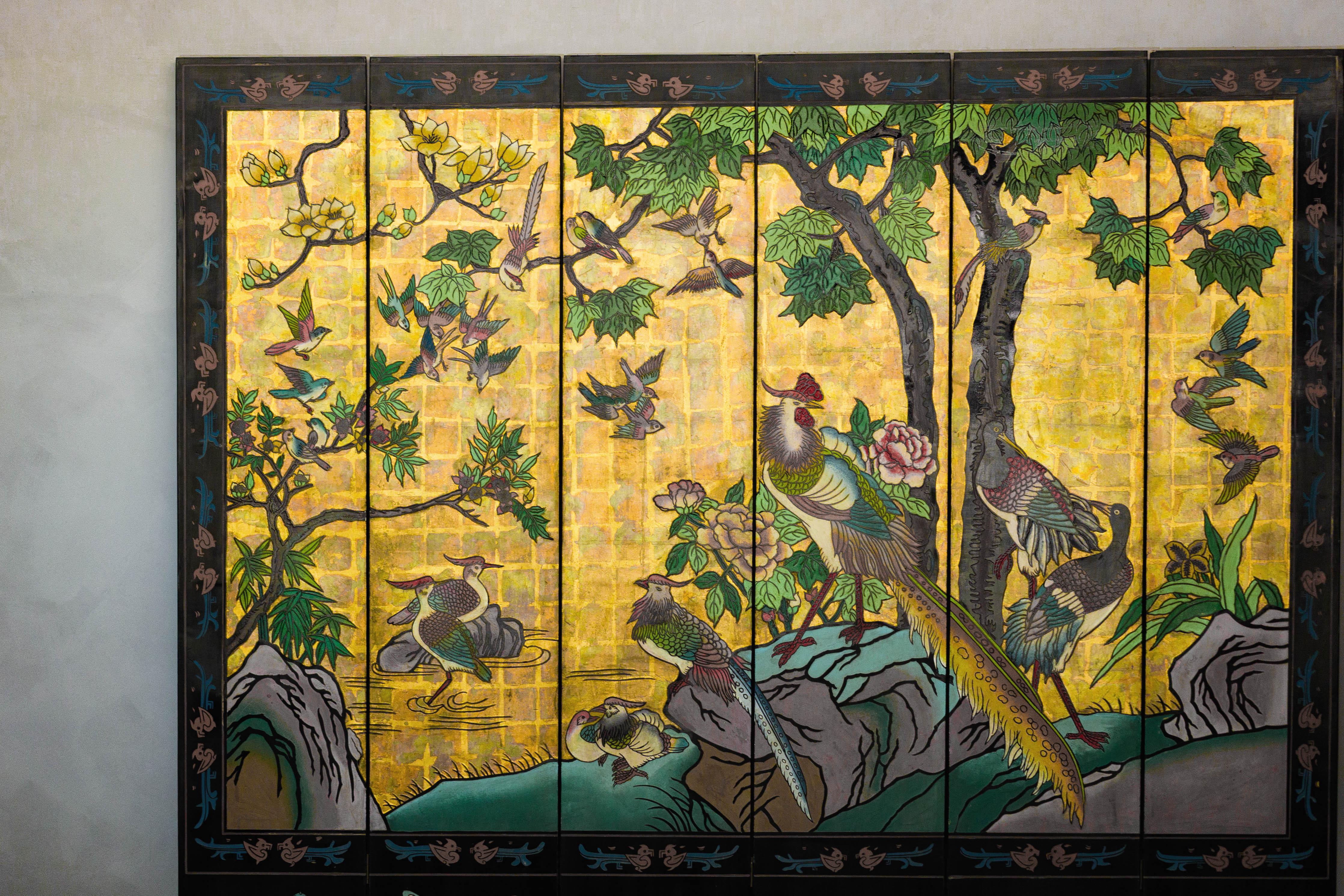 Carved Vintage Chinese Six-Panel Screen with Painted Birds, Flowers, and Gold Detailing For Sale