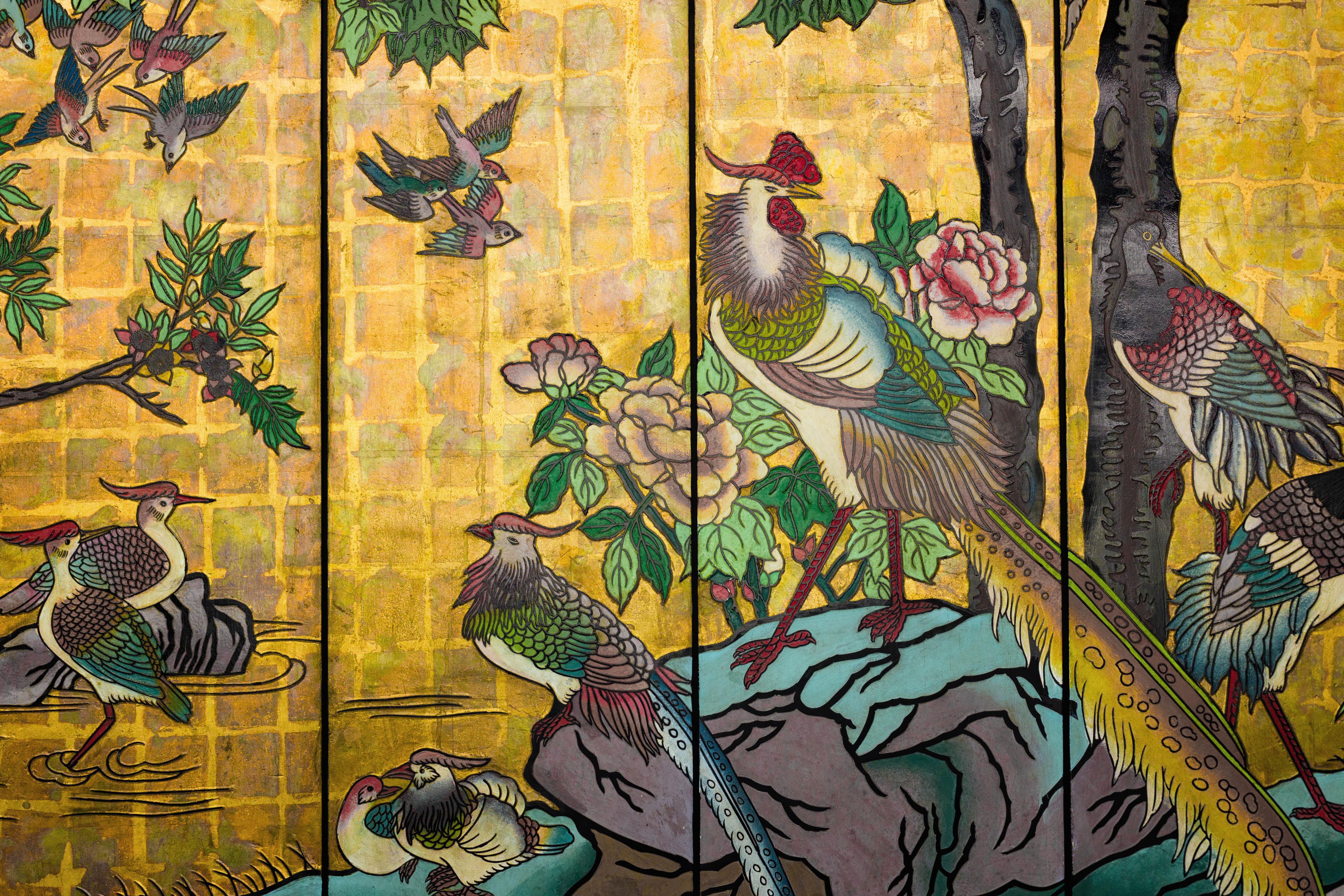 Vintage Chinese Six-Panel Screen with Painted Birds, Flowers, and Gold Detailing For Sale 1