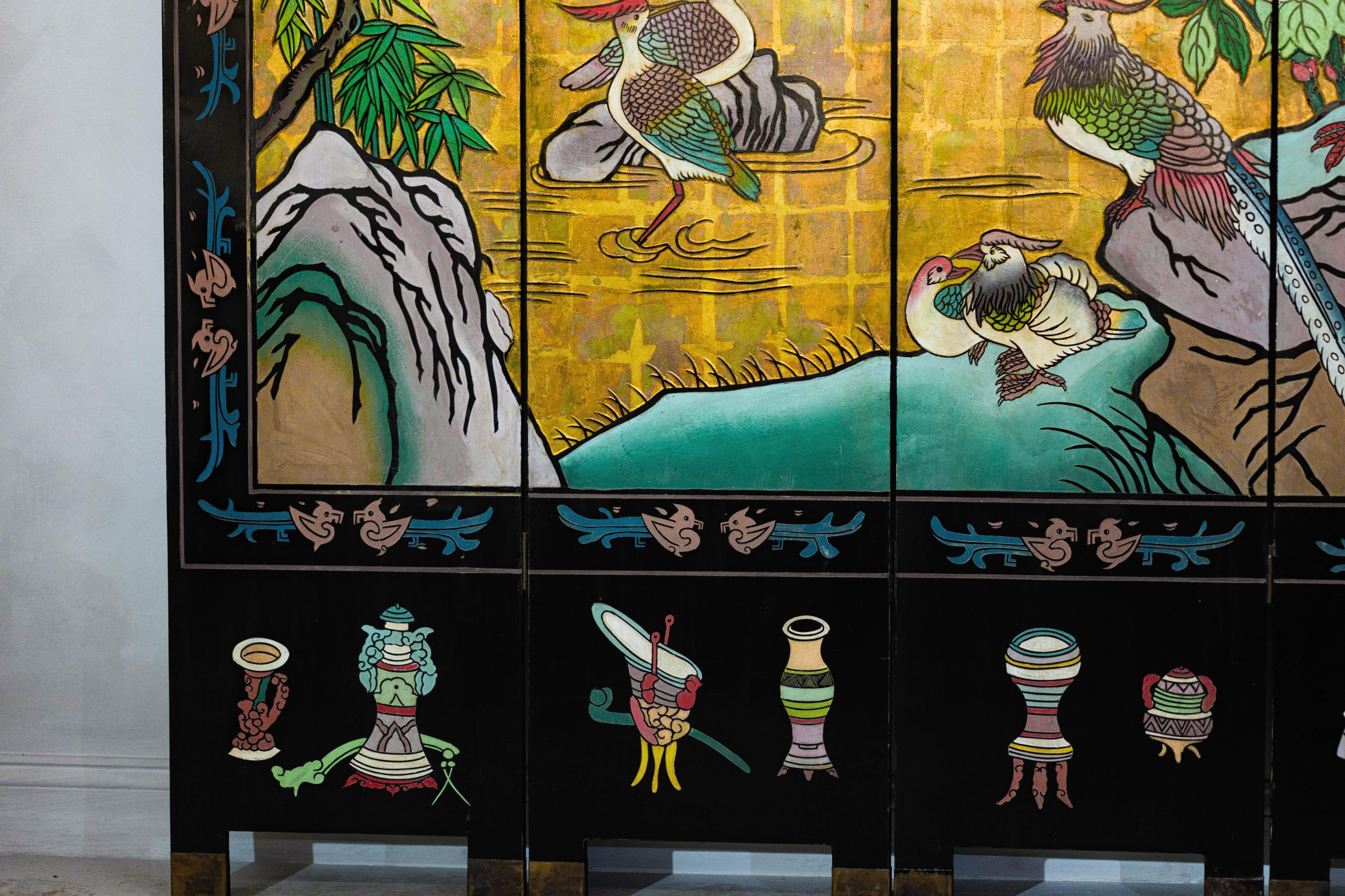 Vintage Chinese Six-Panel Screen with Painted Birds, Flowers, and Gold Detailing For Sale 2