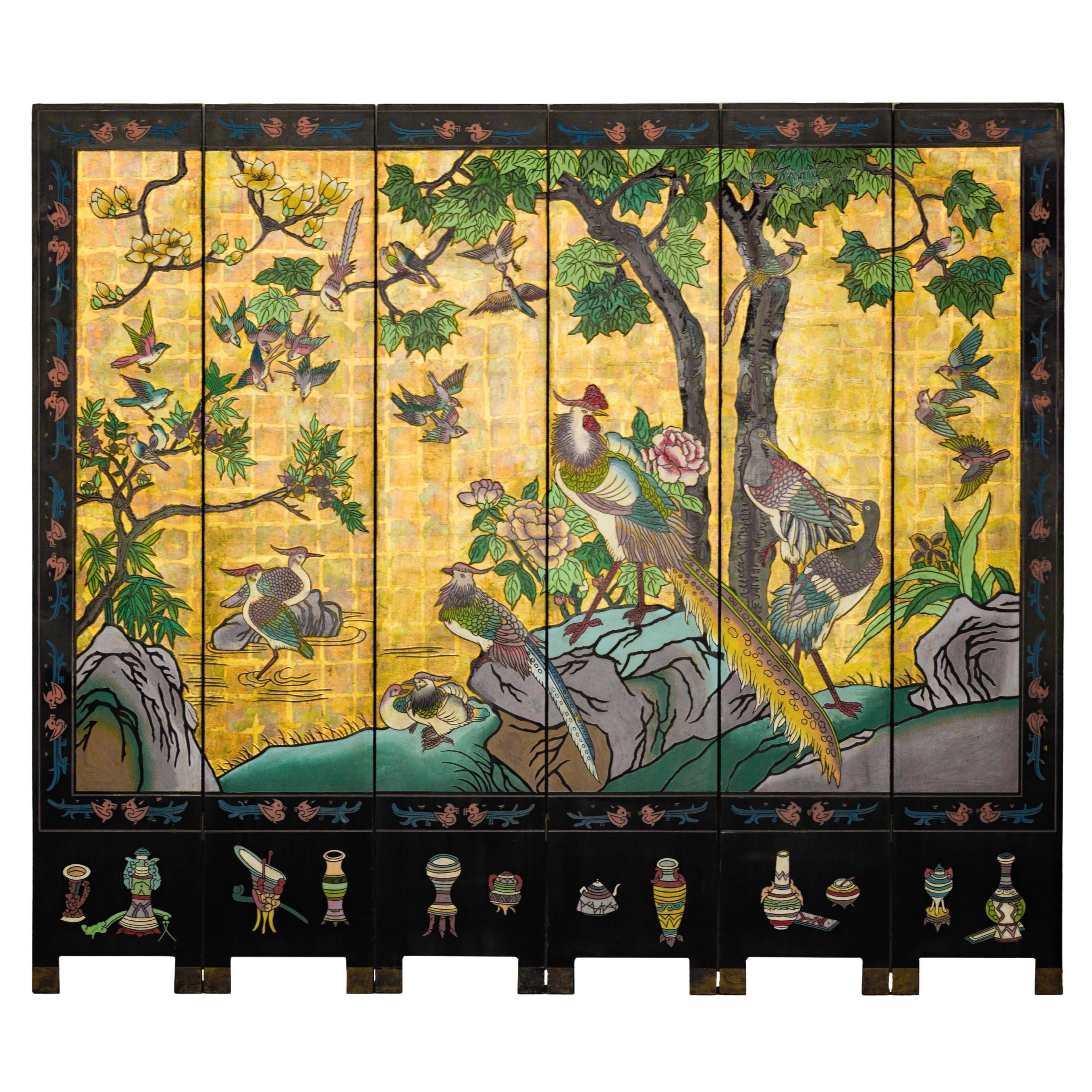 Vintage Chinese Six-Panel Screen with Painted Birds, Flowers, and Gold Detailing