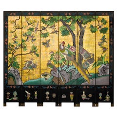 Chinesischer sechsteiliger Vintage-Raumteiler mit bemalten Vögeln, Blumen und Golddetails