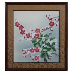Vintage Chinese Snowy Cherry Blossoms Watercolor Painting 14"