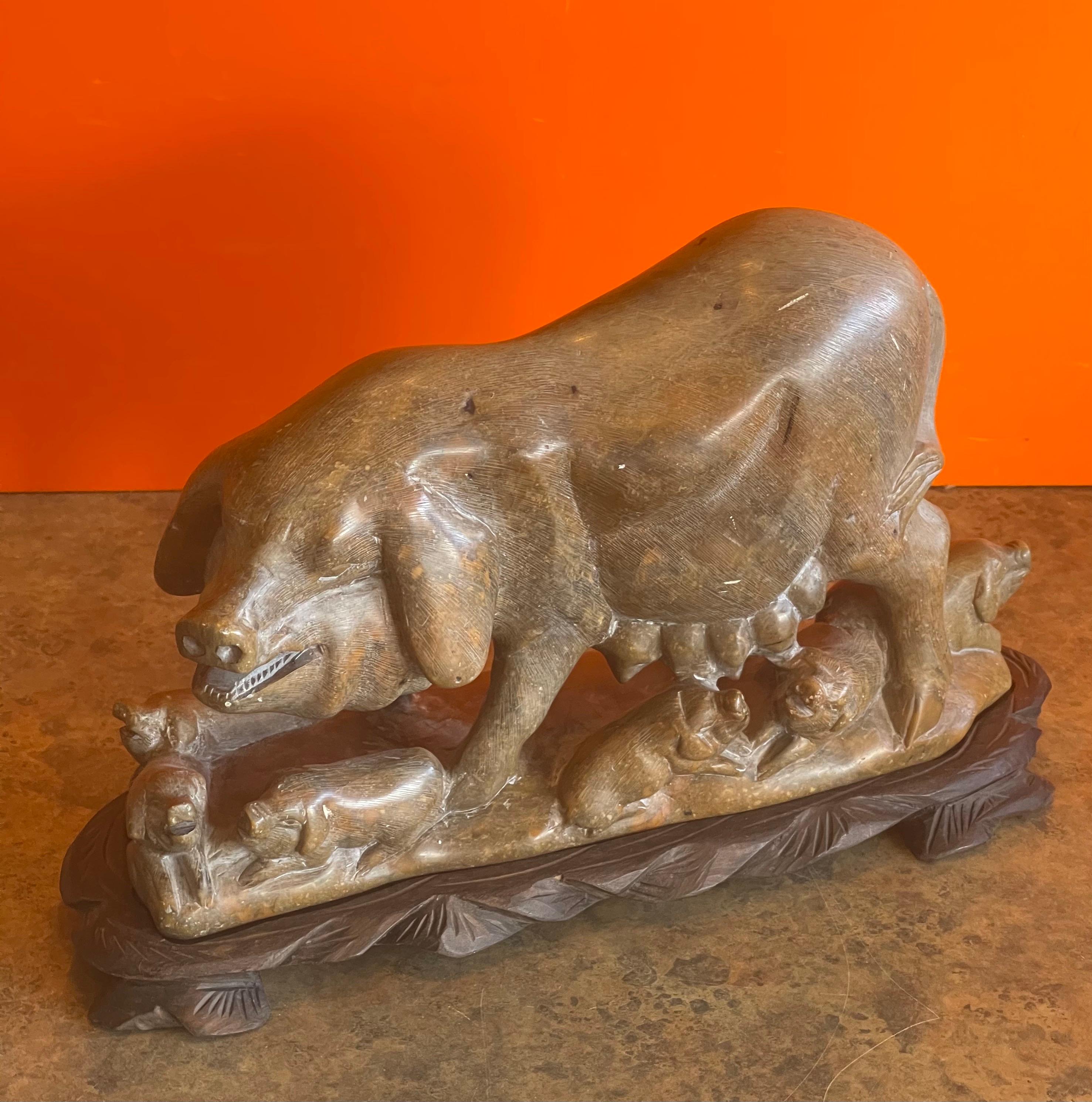 Vintage Chinese Soapstone Pig Sculpture on Carved Wood Base For Sale 2