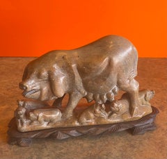 Vintage Chinese Soapstone Pig Sculpture on Carved Wood Base