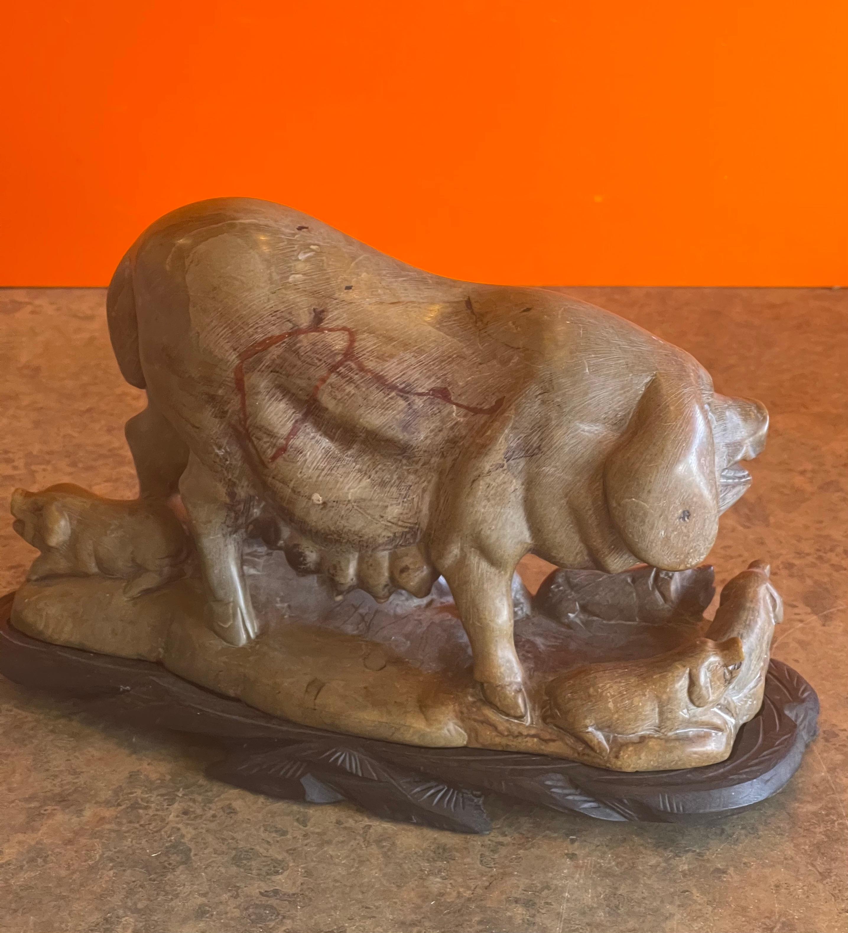 Hand-Carved Vintage Chinese Soapstone Pig Sculpture on Carved Wood Base For Sale
