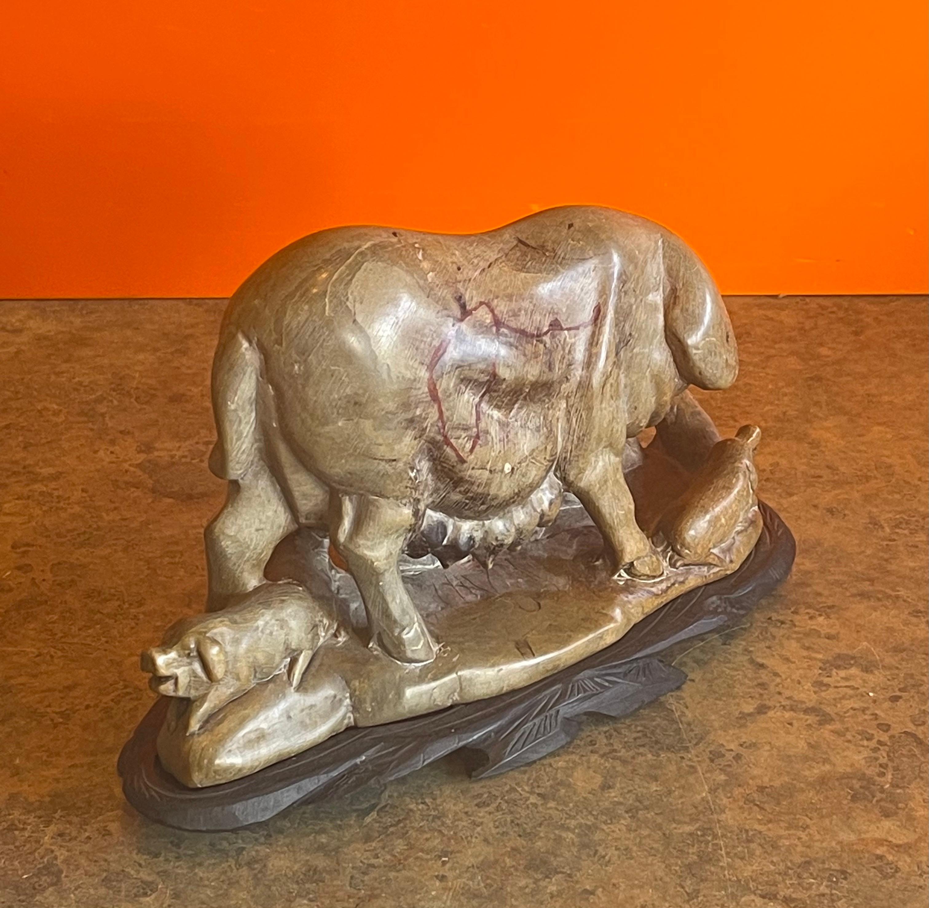 Vintage Chinese Soapstone Pig Sculpture on Carved Wood Base In Good Condition For Sale In San Diego, CA