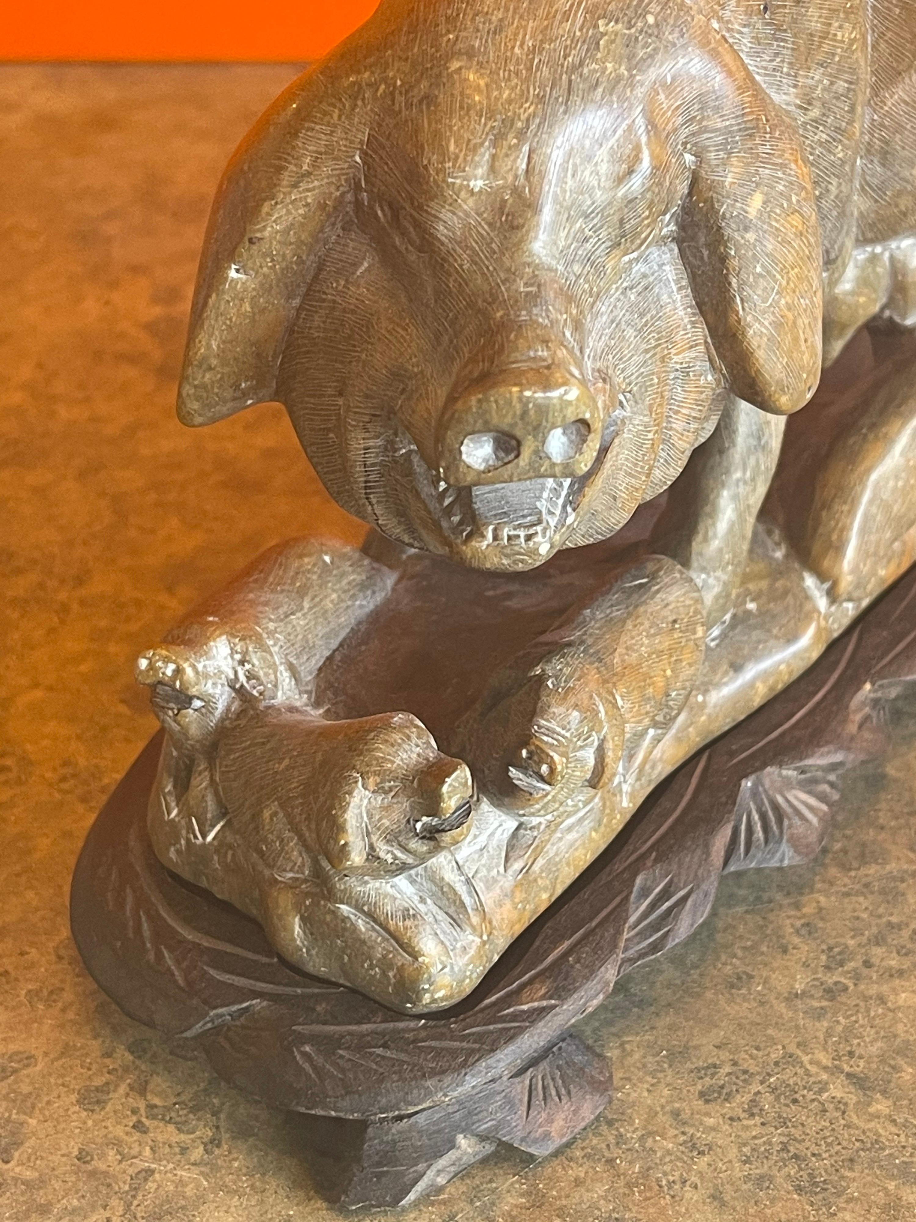 Vintage Chinese Soapstone Pig Sculpture on Carved Wood Base For Sale 1