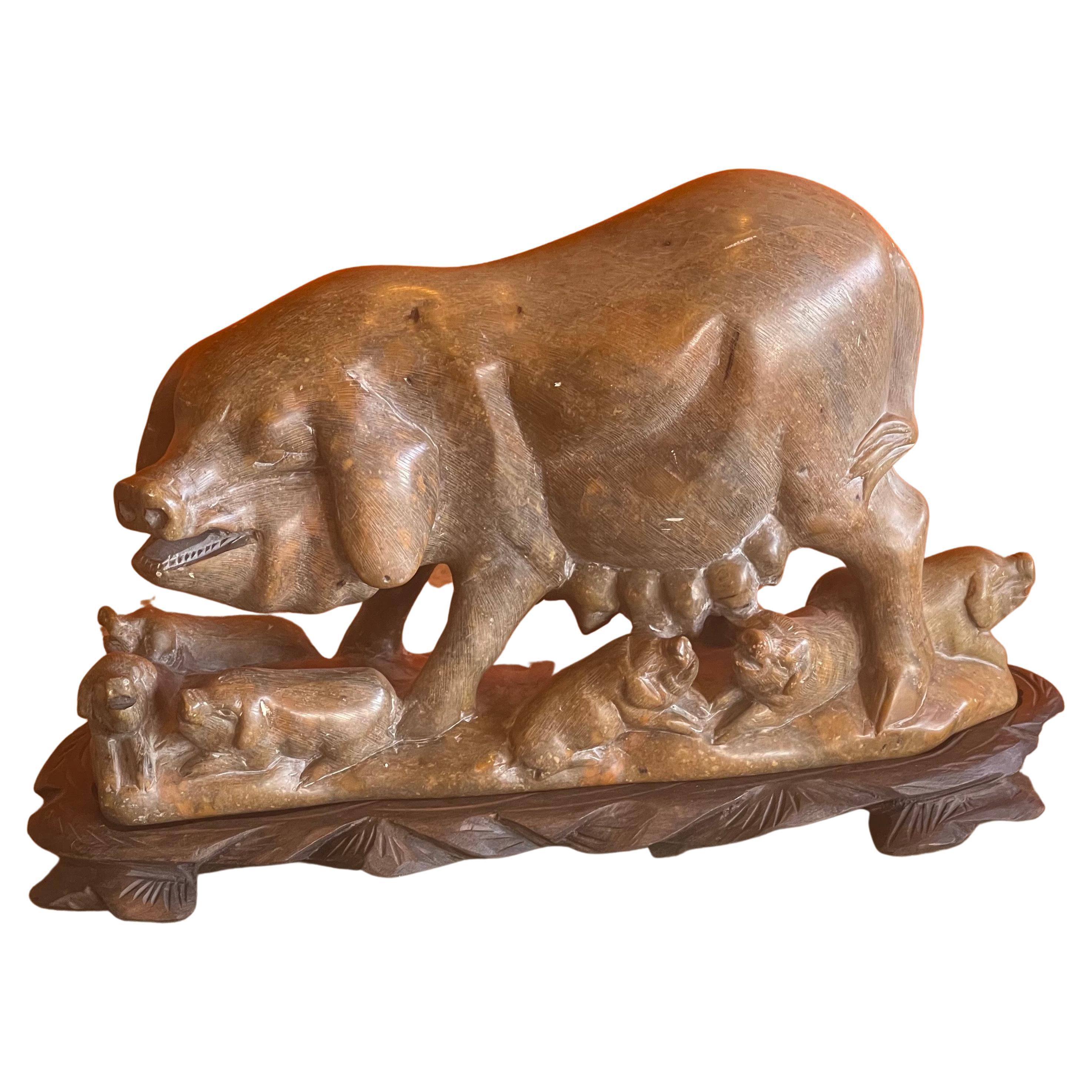 Vintage Chinese Soapstone Pig Sculpture on Carved Wood Base For Sale