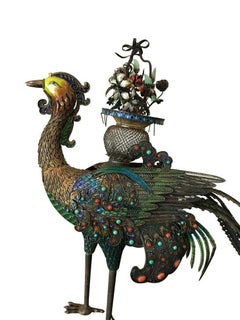 Vintage Chinese Solid Silver and Enameled Peacock on Wood