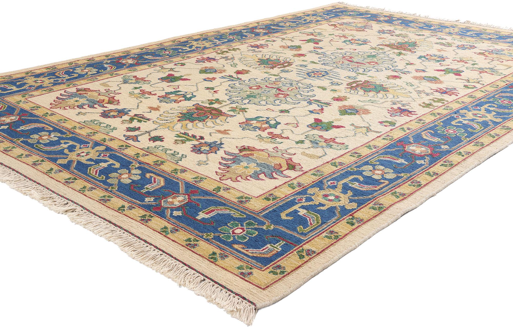 79140 Vintage Chinese Soumak Rug, 06'00 x 09'03. This exquisite handwoven wool vintage Chinese Soumak rug presents a masterful interplay of traditional Chinese artistry and the meticulous Soumak weaving technique. Set against a neutral beige