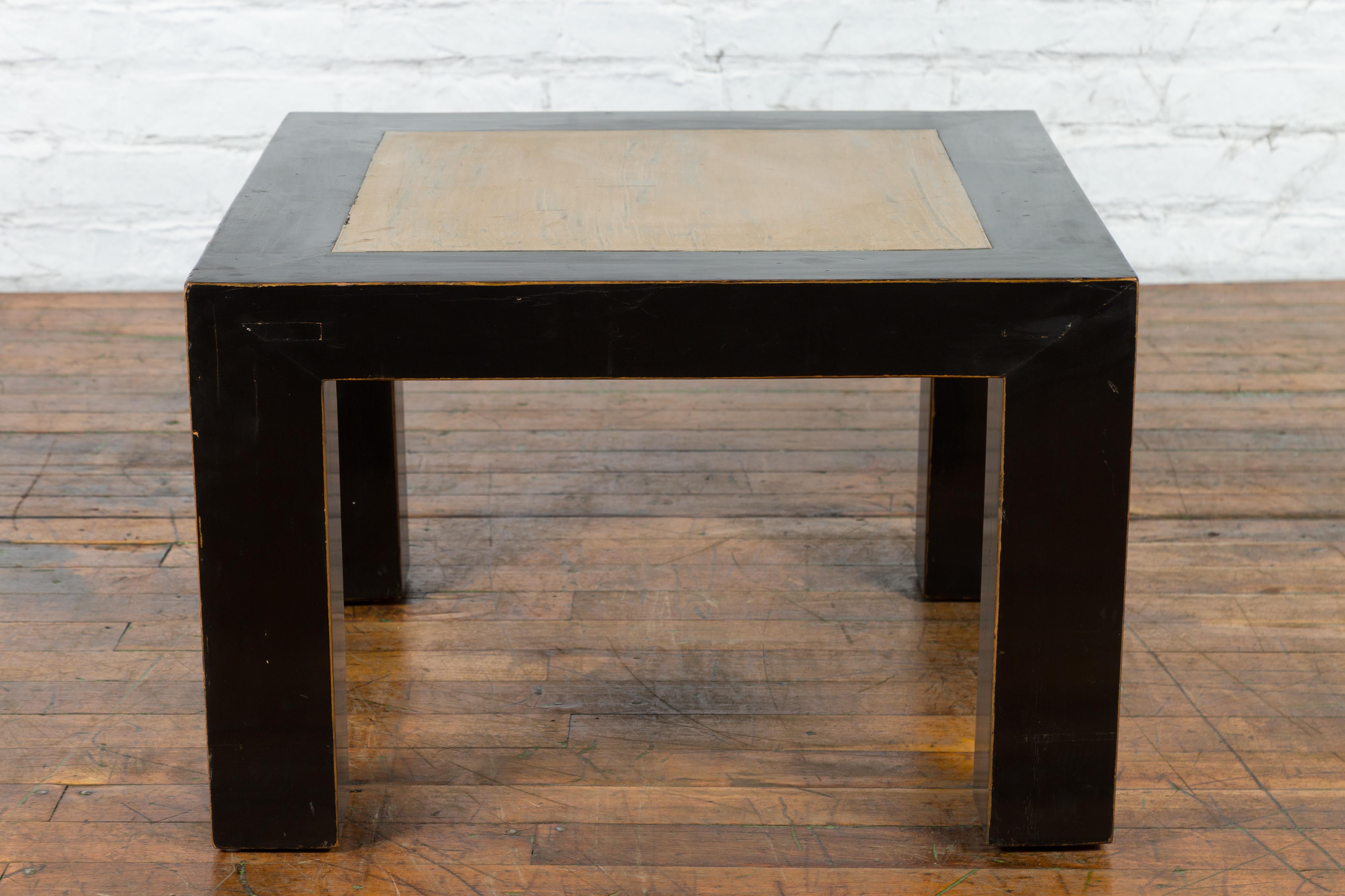 Vintage Chinese Square Coffee Table with Antique Palace Courtyard Stone Inset For Sale 2
