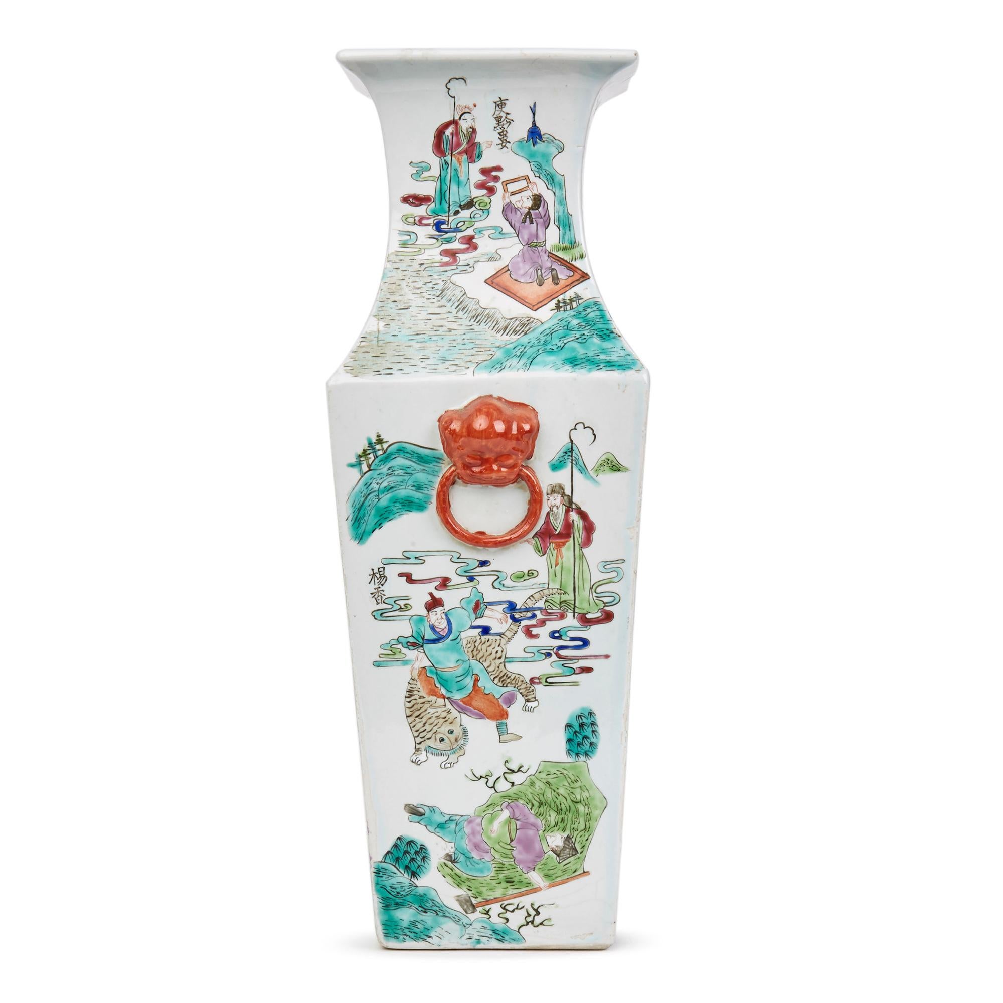 Glazed Vintage Chinese Square Form Twin Handled Famille Rose Vase